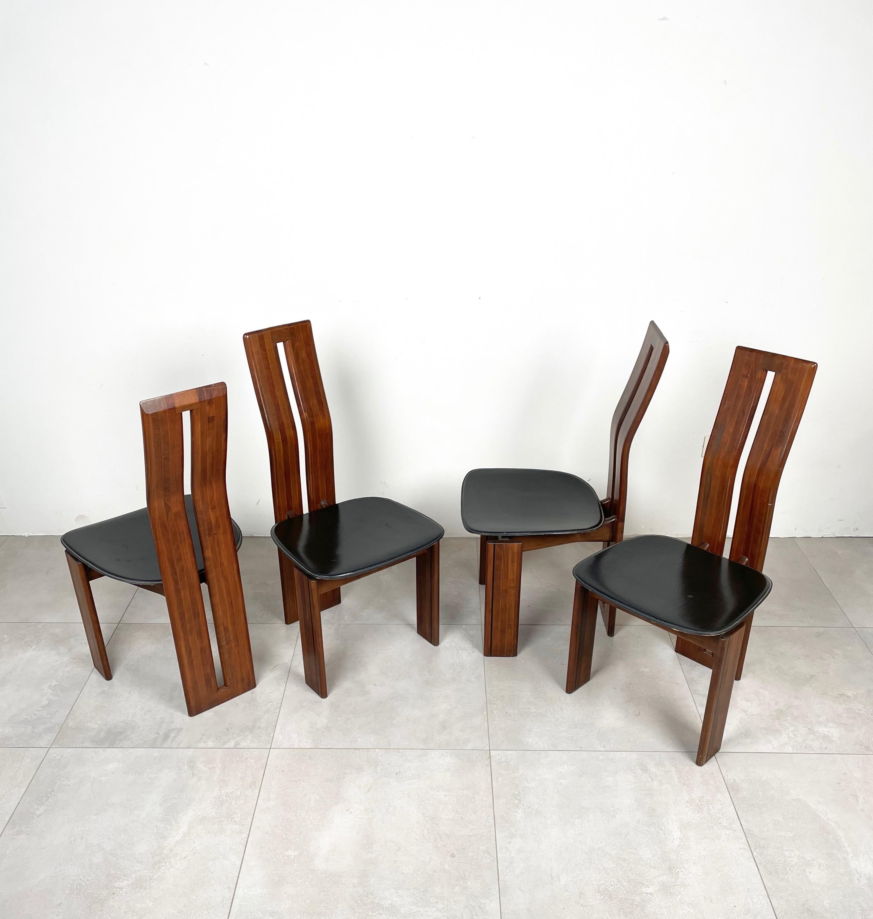 Ensemble de quatre chaises en bois et cuir Mario Marenco pour Mobil Girgi, Italie, années 1970 en vente 2
