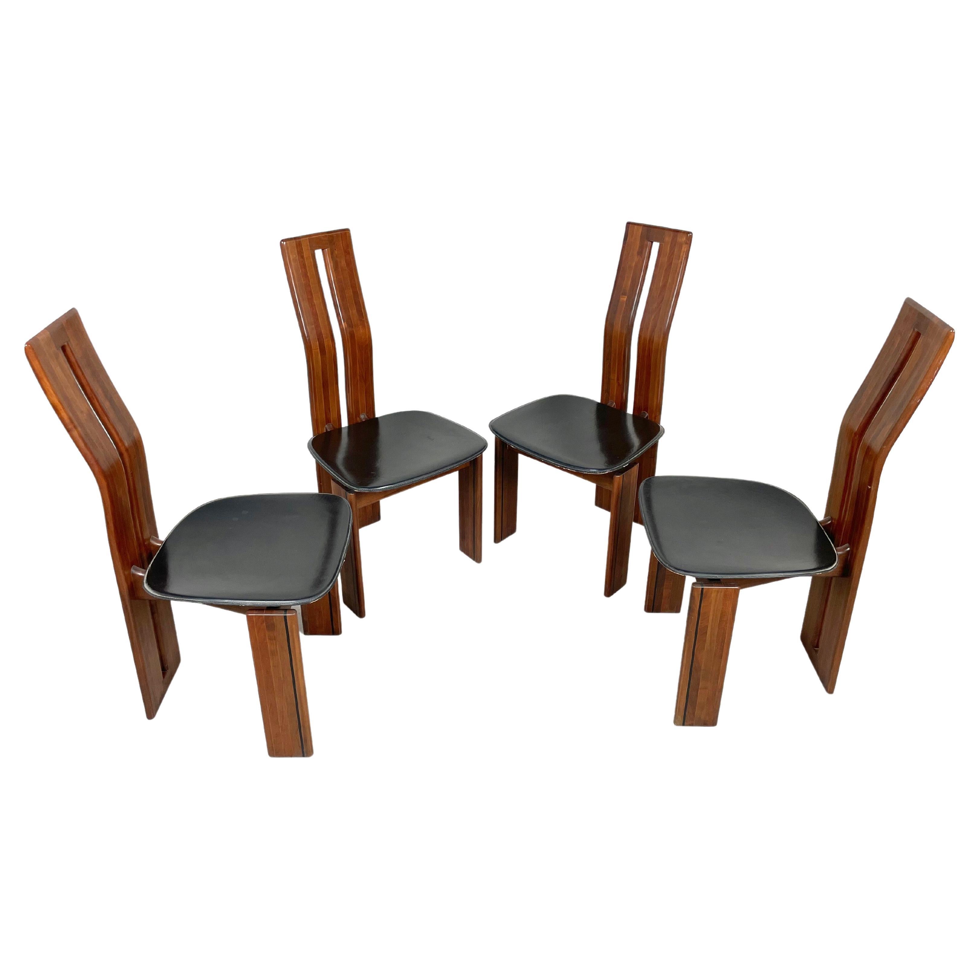 Set of Four Chairs Wood and Leather Mario Marenco for Mobil Girgi, Italy 1970s
