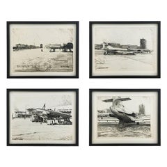 Set of Four Charcoal Drawings Building of the Newly Build Airport Vienna, 1959