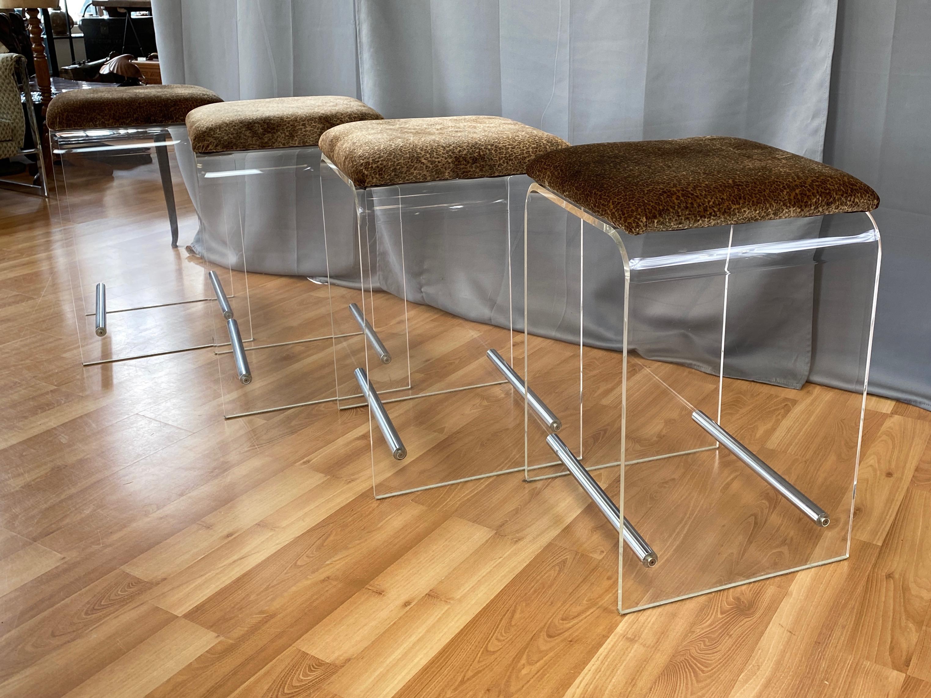 Plated Set of Four Charles Hollis Jones Attributed Lucite & Velvet Counter Stools, 1970