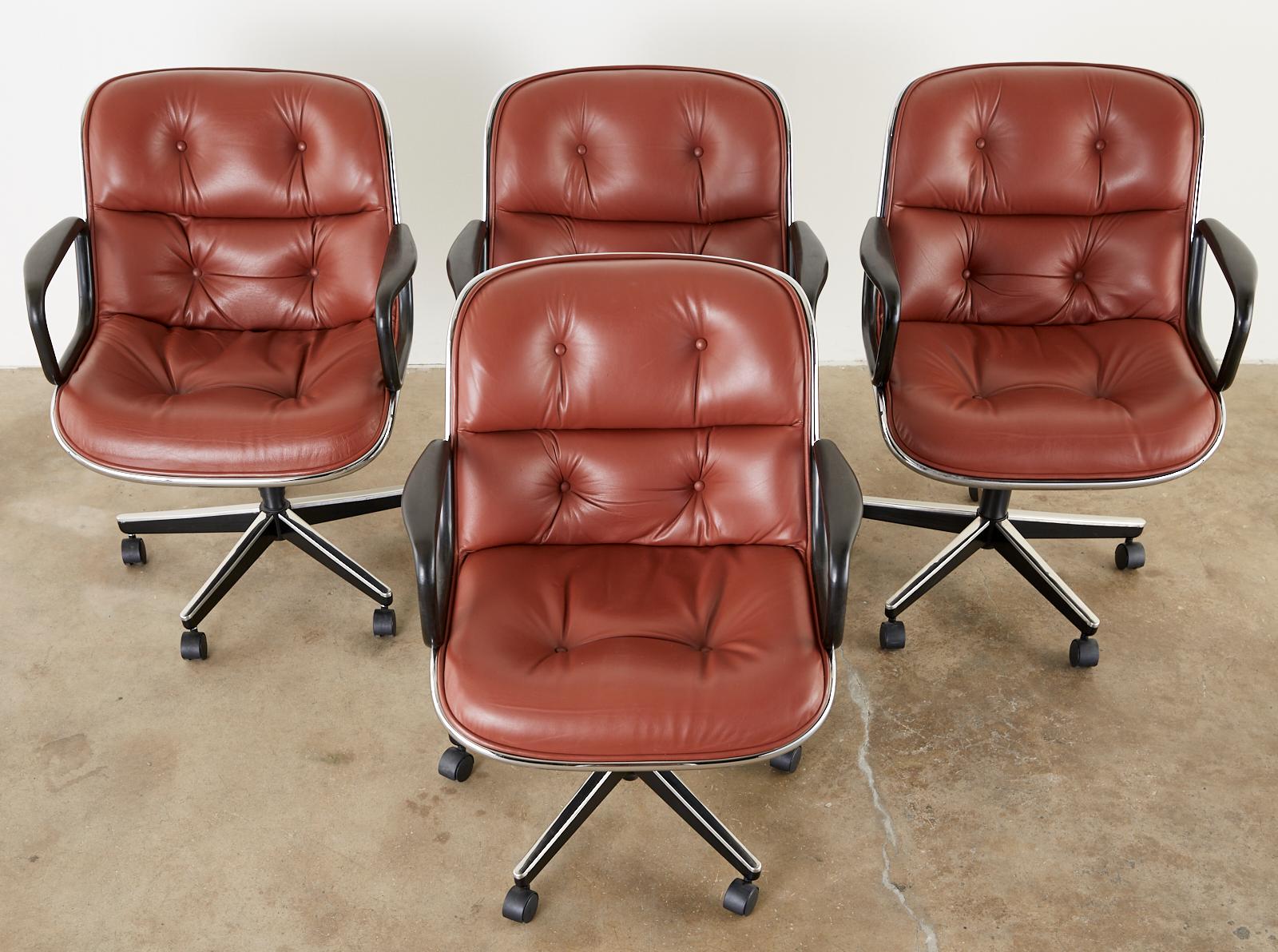 Mid-Century Modern Set of Four Charles Pollock for Knoll Leather Executive Desk Chairs