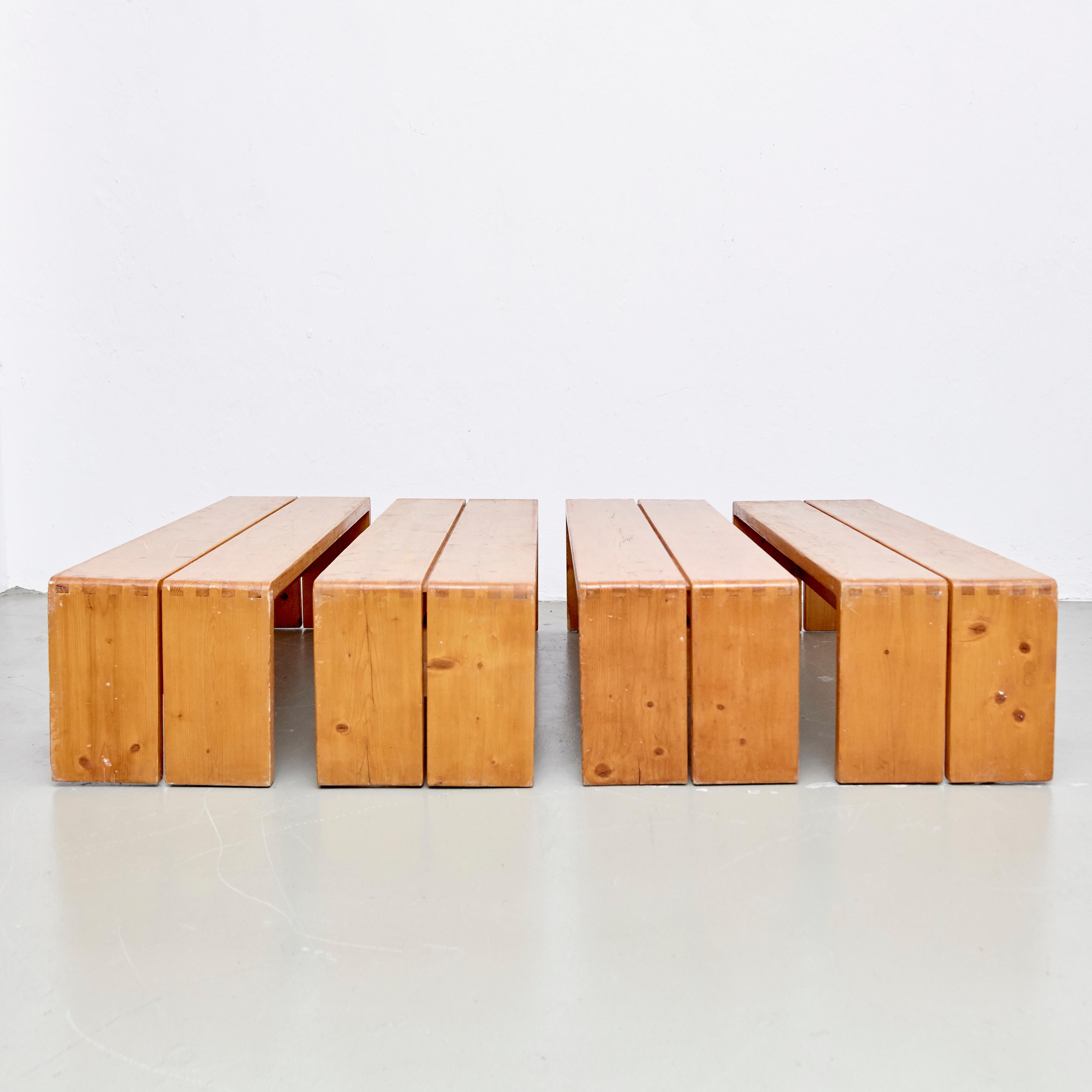 Mid-Century Modern Set of Four Charlotte Perriand Large Wood Benches for Les Arcs, circa 1960