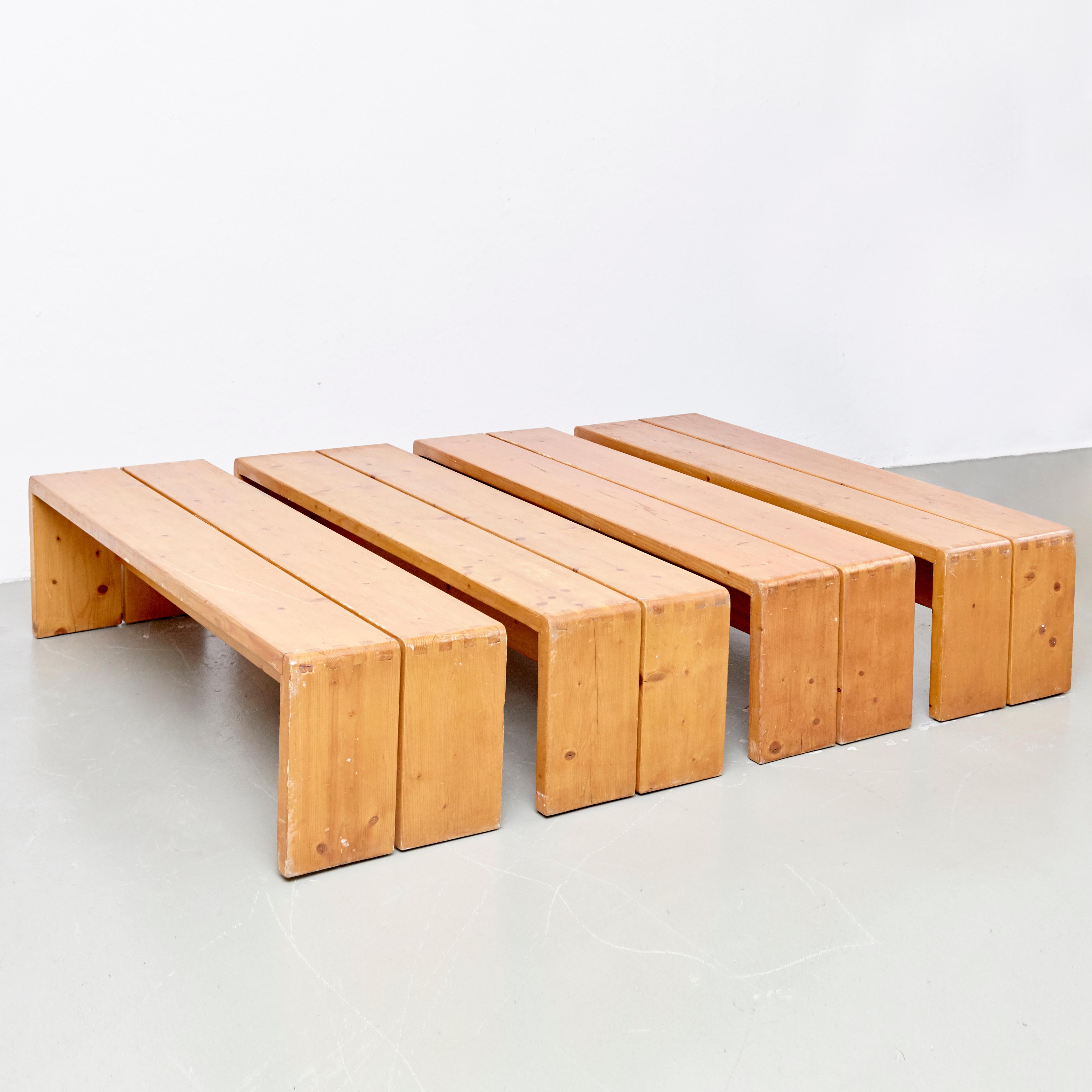 French Set of Four Charlotte Perriand Large Wood Benches for Les Arcs, circa 1960