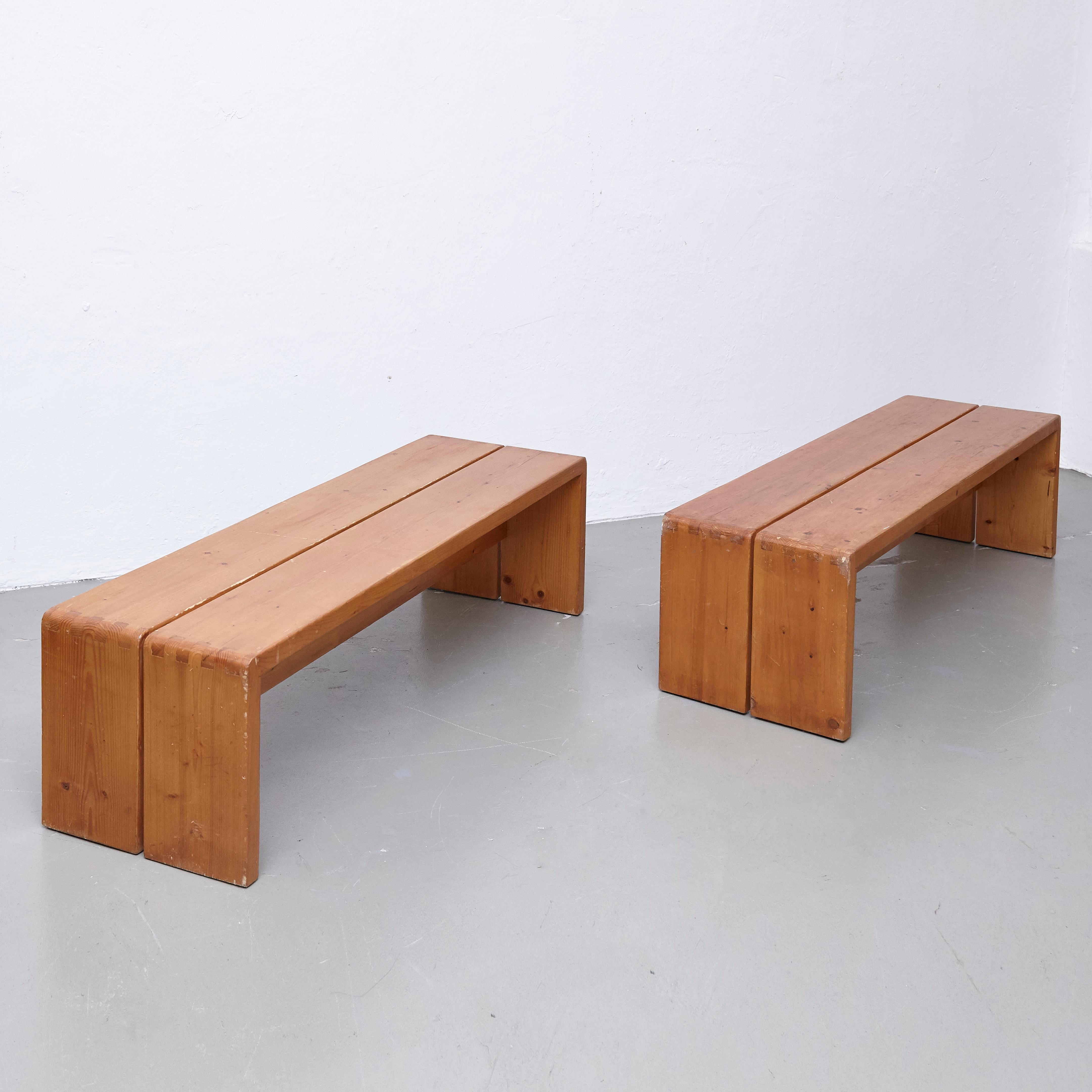 French Set of Four Charlotte Perriand Large Wood Benches for Les Arcs, circa 1960