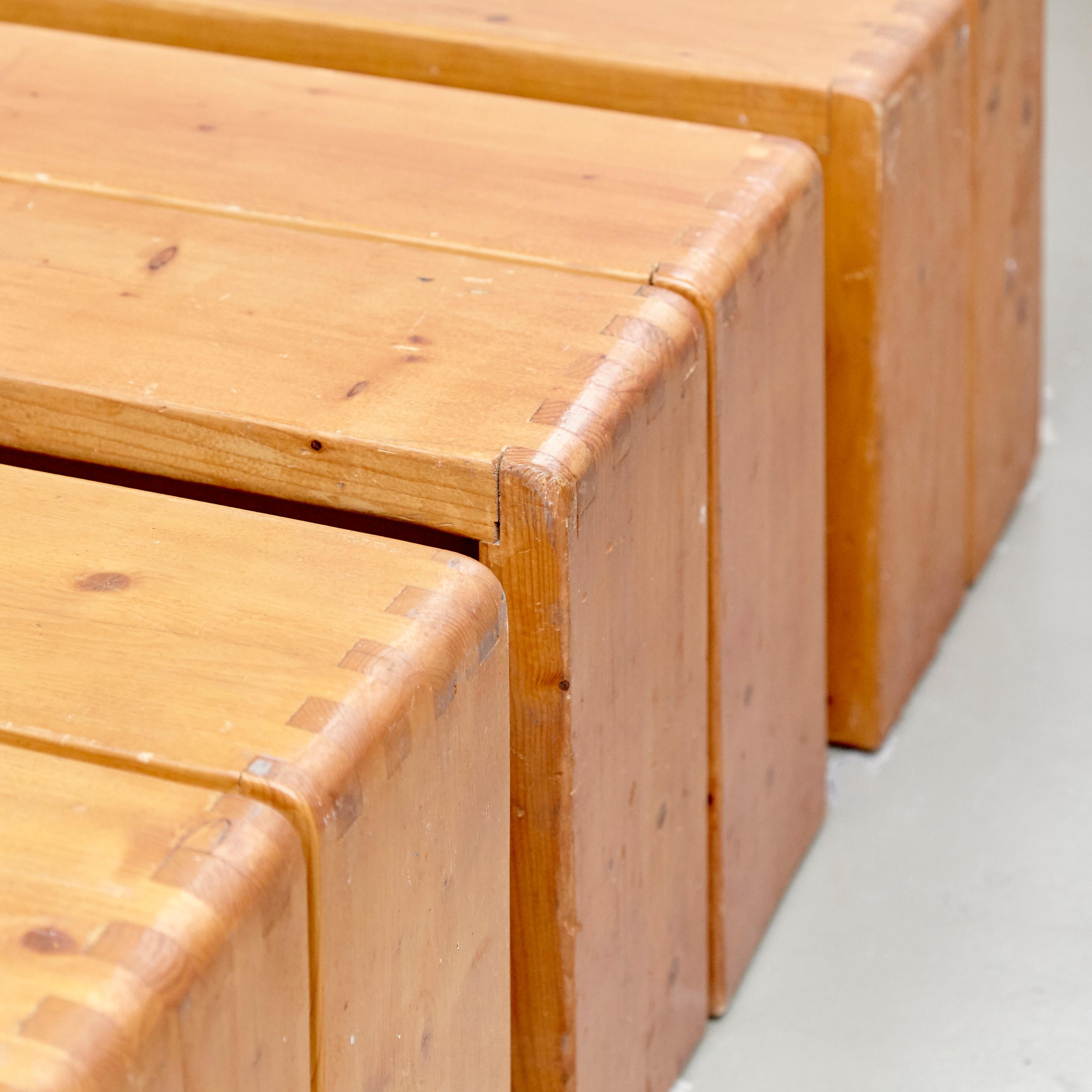Mid-20th Century Set of Four Charlotte Perriand Large Wood Benches for Les Arcs, circa 1960