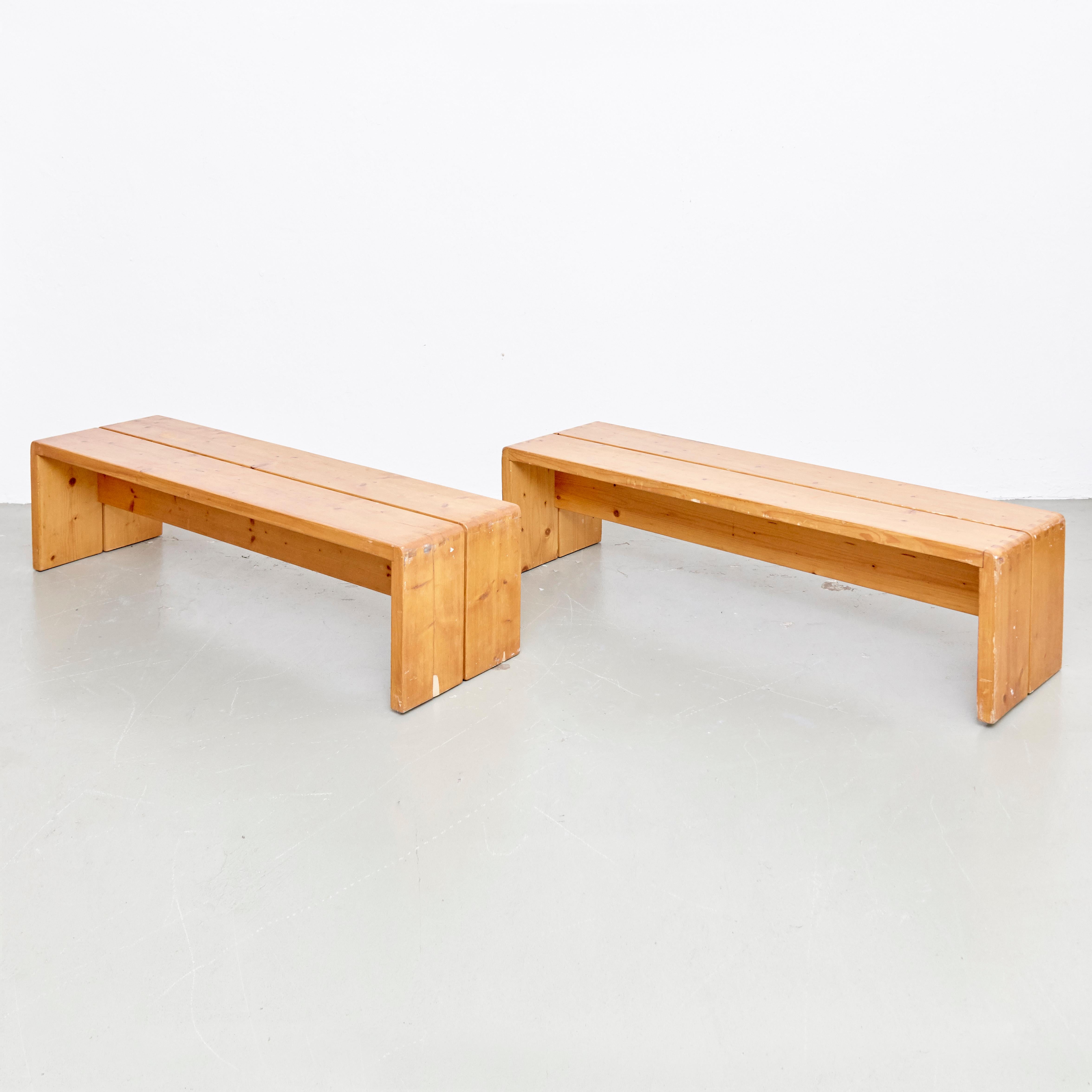 Set of Four Charlotte Perriand Large Wood Benches for Les Arcs, circa 1960 1