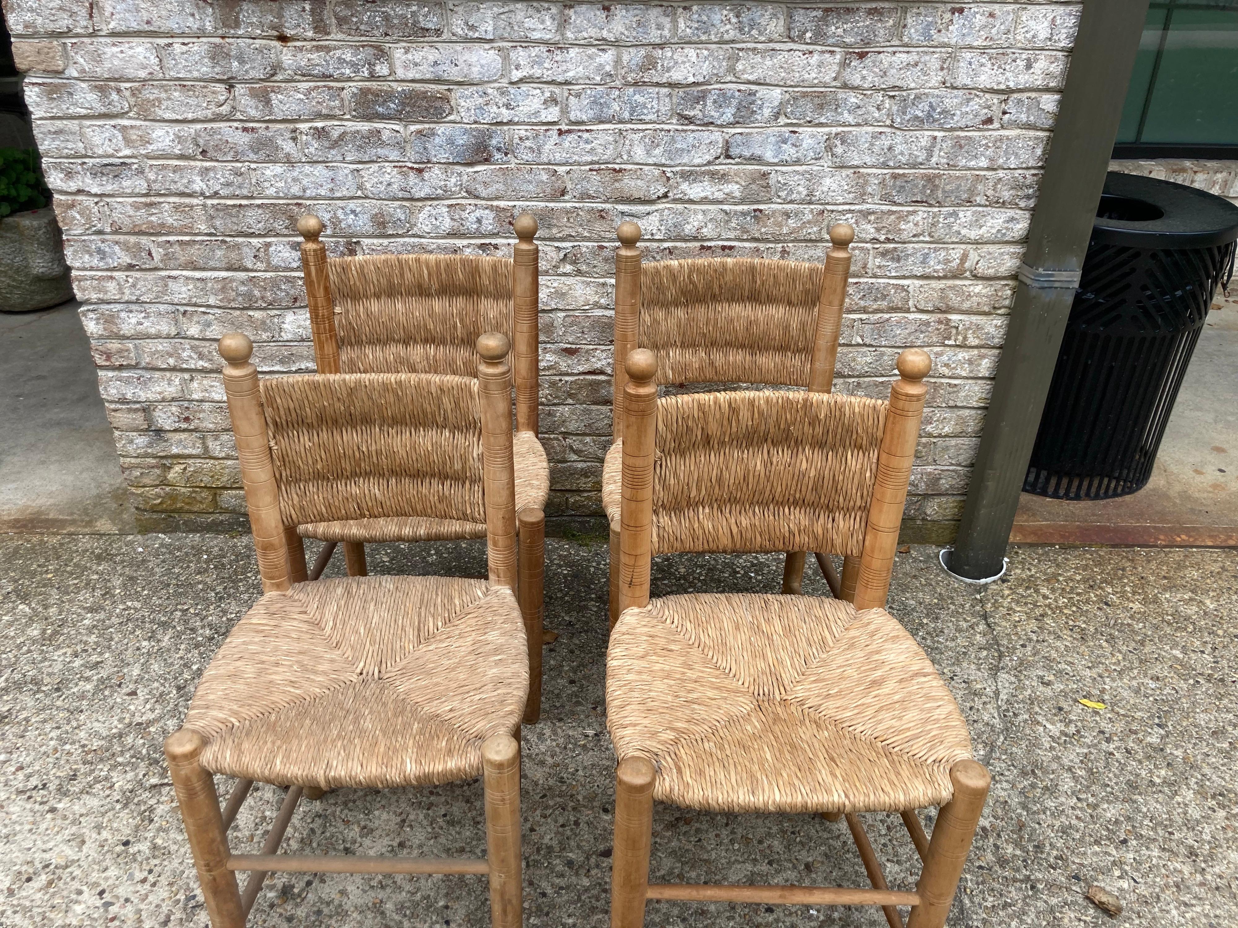 Attractive set of 4 rush seat and back wood chairs in the style of Charlotte Perriand ......