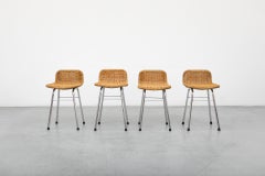 Set of Four Charlotte Perriand Style Wicker Counter Stools with Chrome Legs