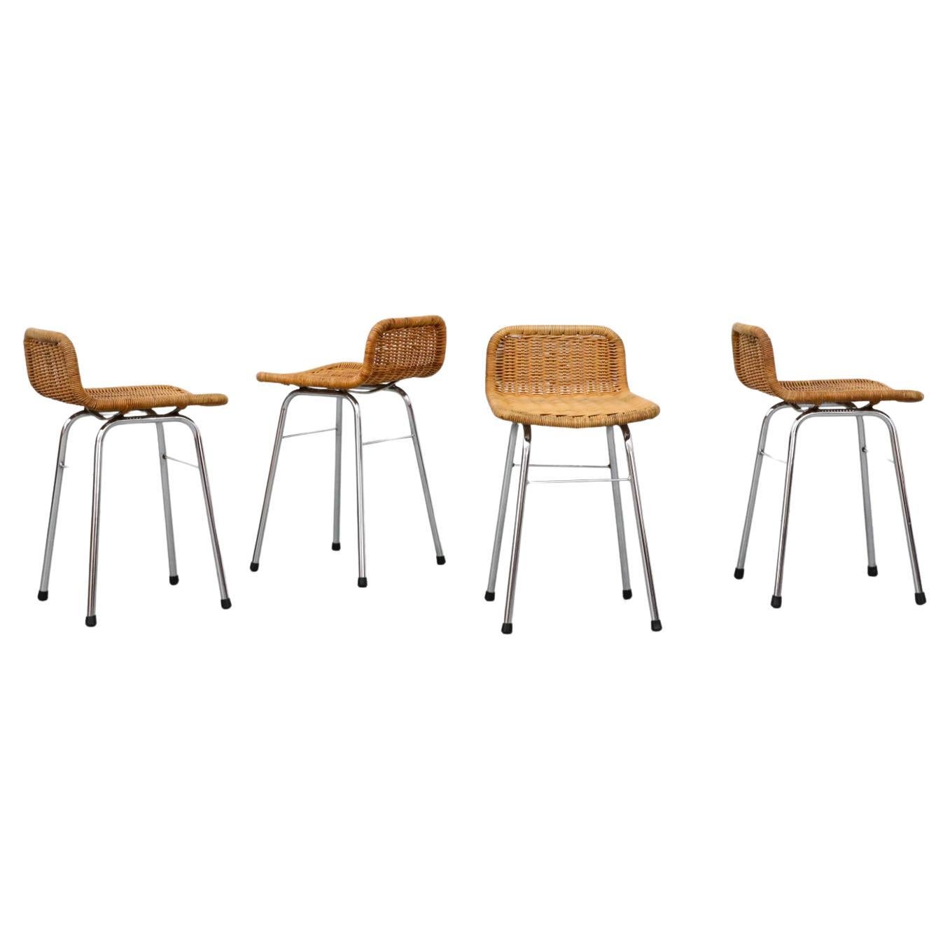 Set of Four Charlotte Perriand Style Wicker Counter Stools with Chrome Legs