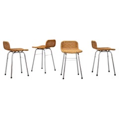 Set of Four Charlotte Perriand Style Wicker Counter Stools with Chrome Legs