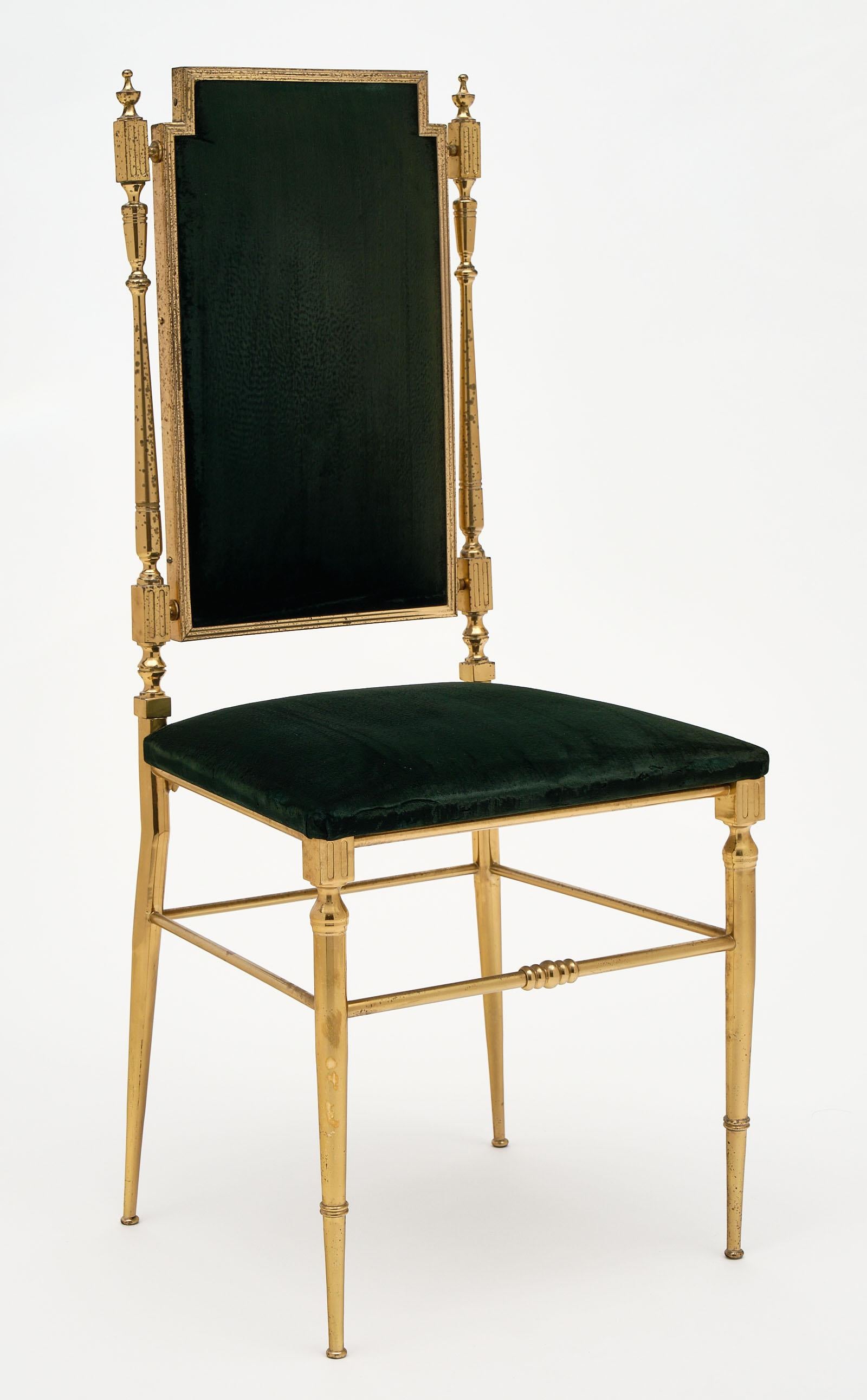 Set of four Chiavari chairs from Italy. We love the finely cast gilt brass frames and the original green velvet upholstery. The upholstery has some wear consistent with use and age.