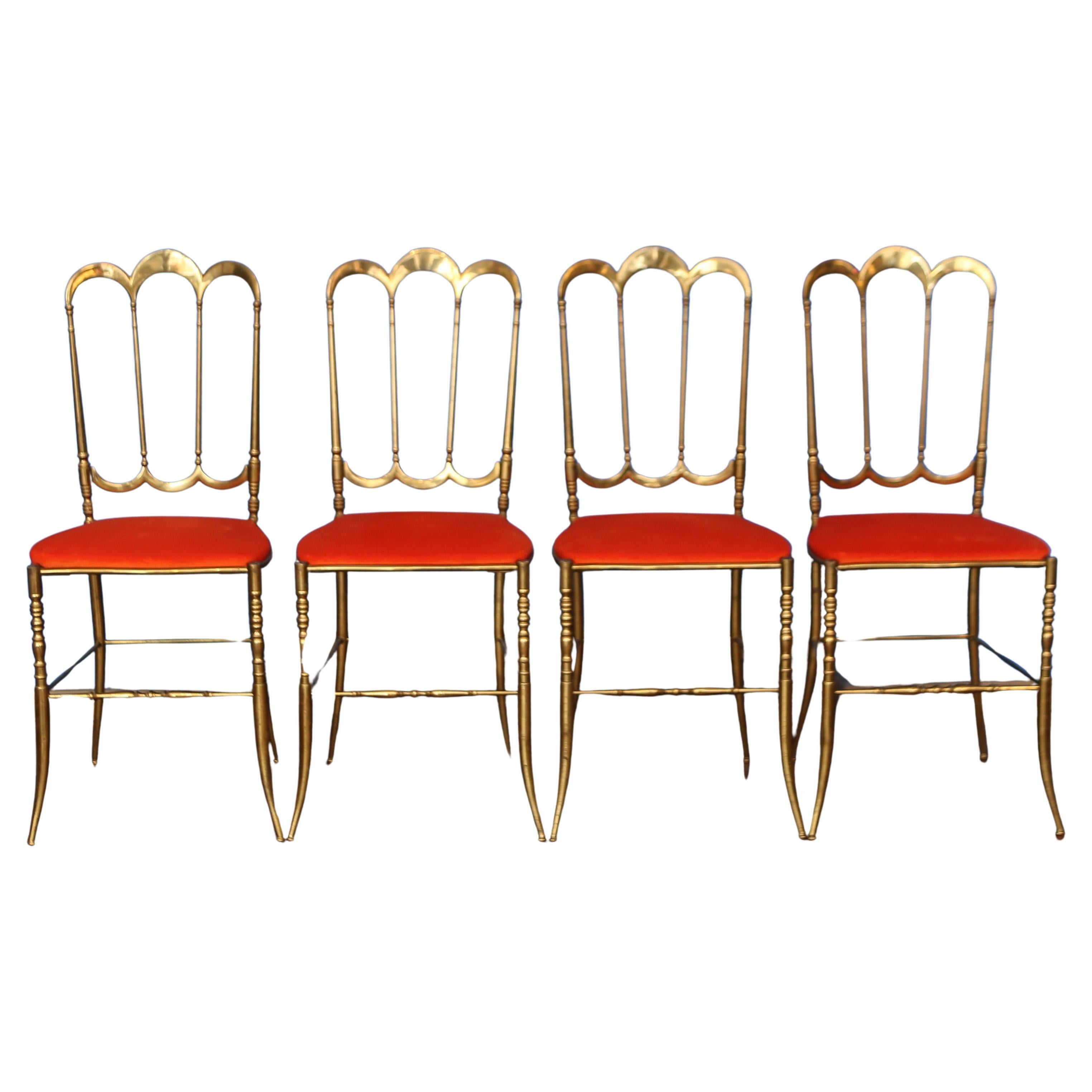 Set of four Chiavarine chairs in brass and orange velvet, Italy, 1950s