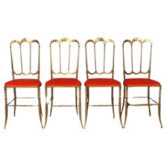 Set of four Chiavarine chairs in brass and orange velvet, Italy, 1950s