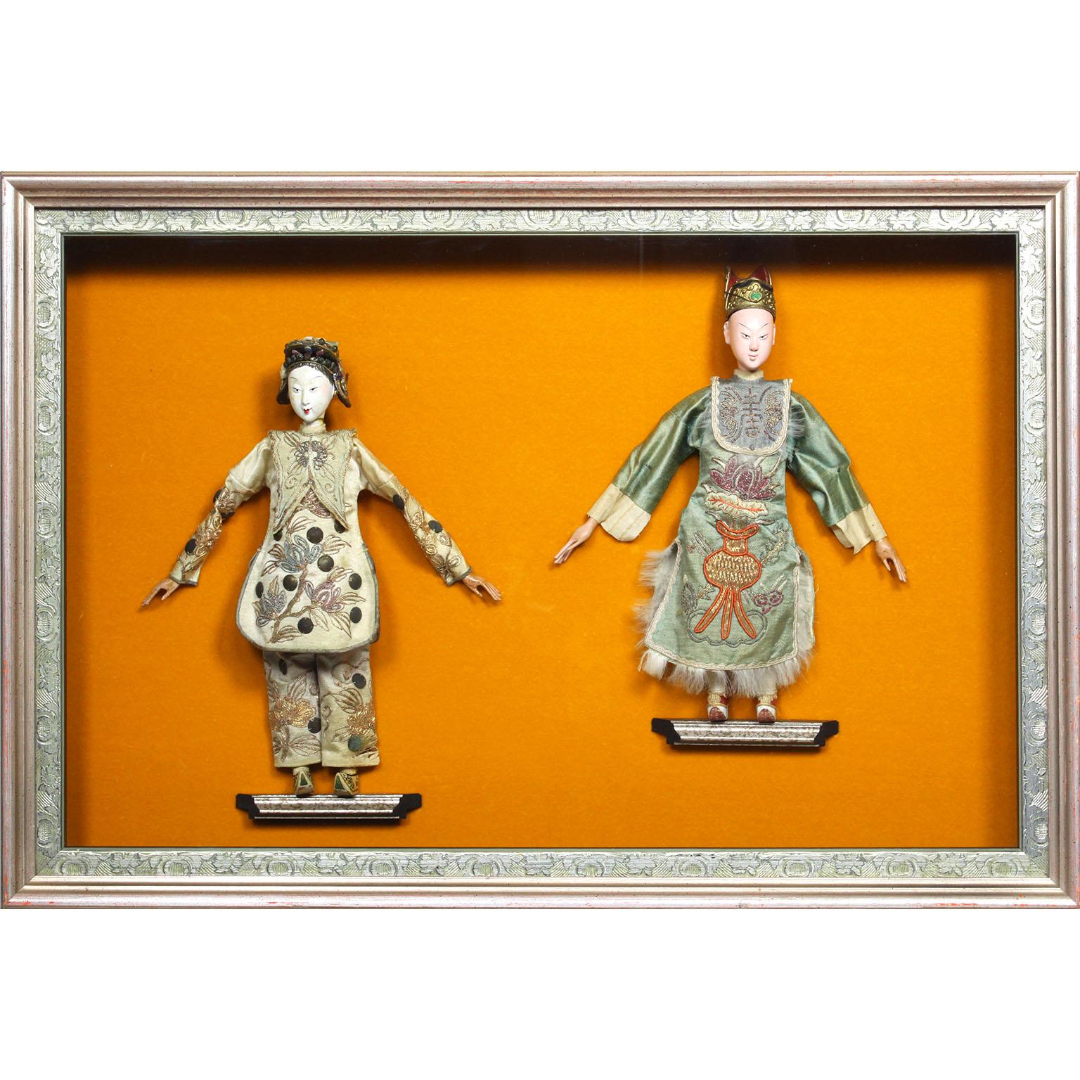 Embroidered Set of Four Chinese 19th-20th Century Henan Opera Dolls in Twin Display Cases