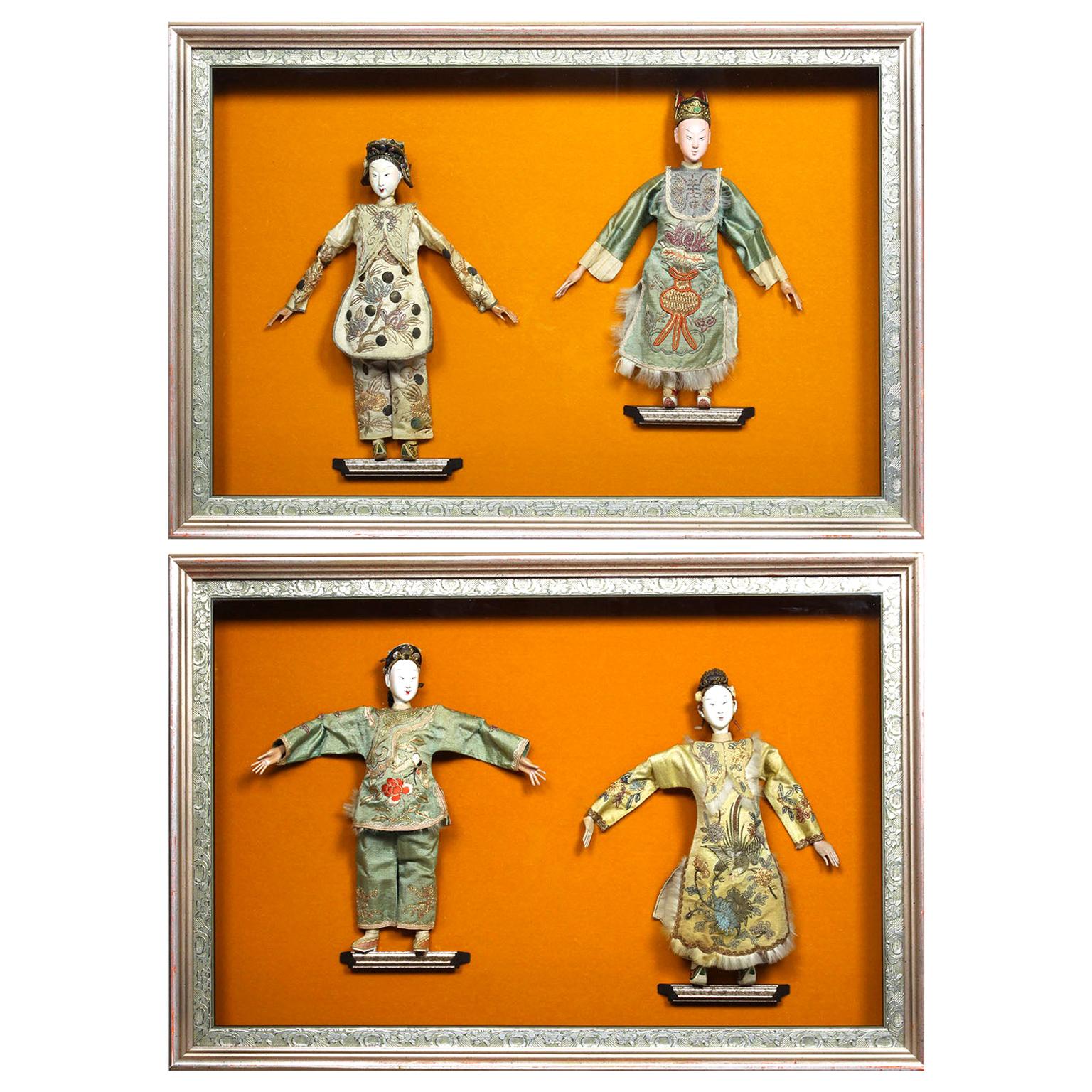 Set of Four Chinese 19th-20th Century Henan Opera Dolls in Twin Display Cases