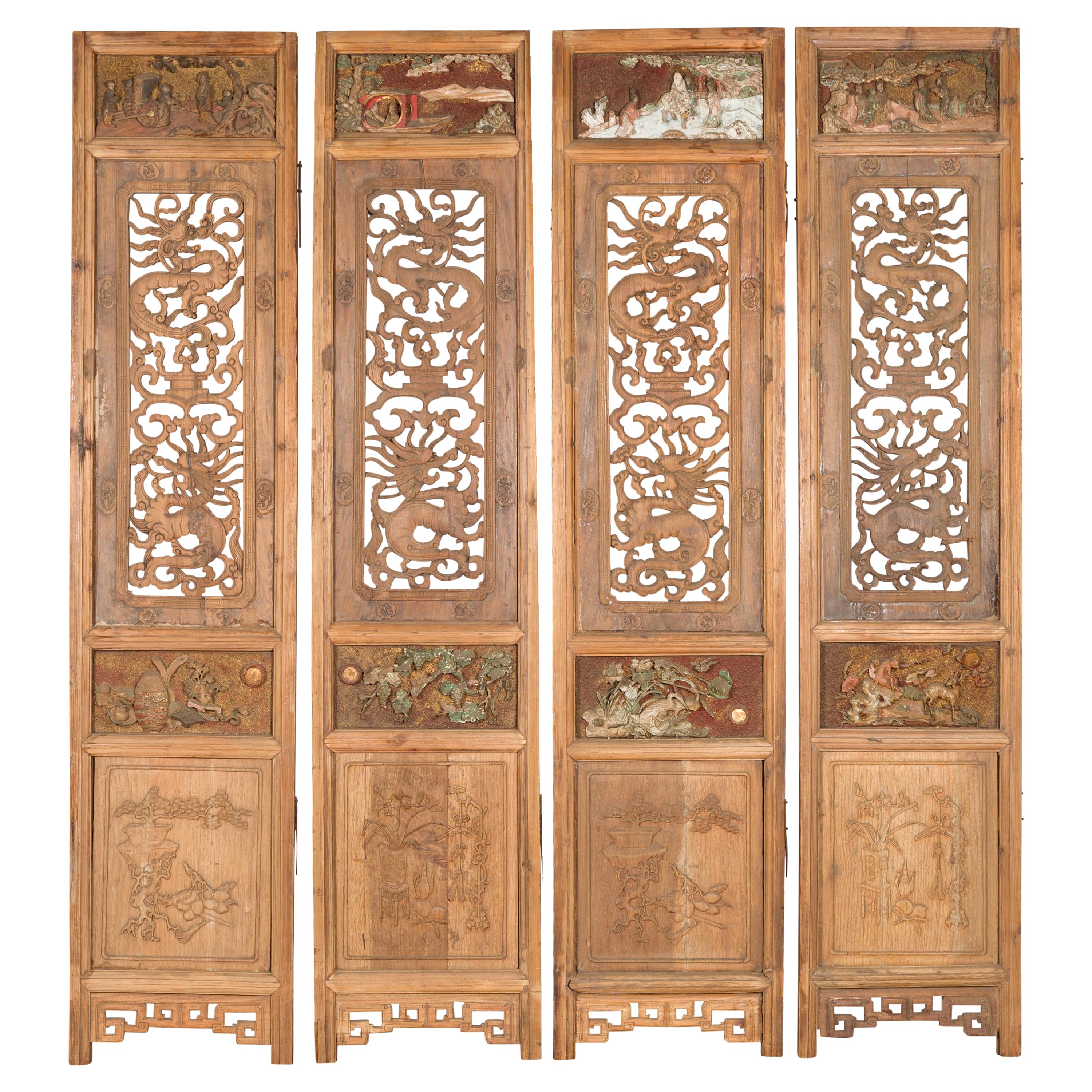 Set of Four Chinese 19th Century Qing Dynasty Carved Wooden Screens with Dragons