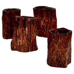 Set of Four Chinese Burl Root Wood Brush Pot Vessels, Scholar’s Desk Accessories