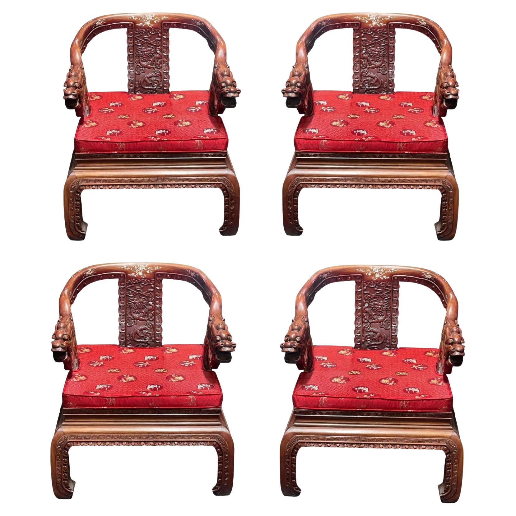 Set of Four Chinese Carved Wood Armchairs