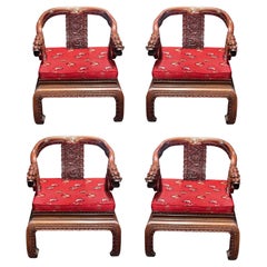 Retro Set of Four Chinese Carved Wood Armchairs