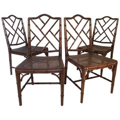 Vintage Set of Four Chinese Chippendale Faux Bamboo Dining Chairs
