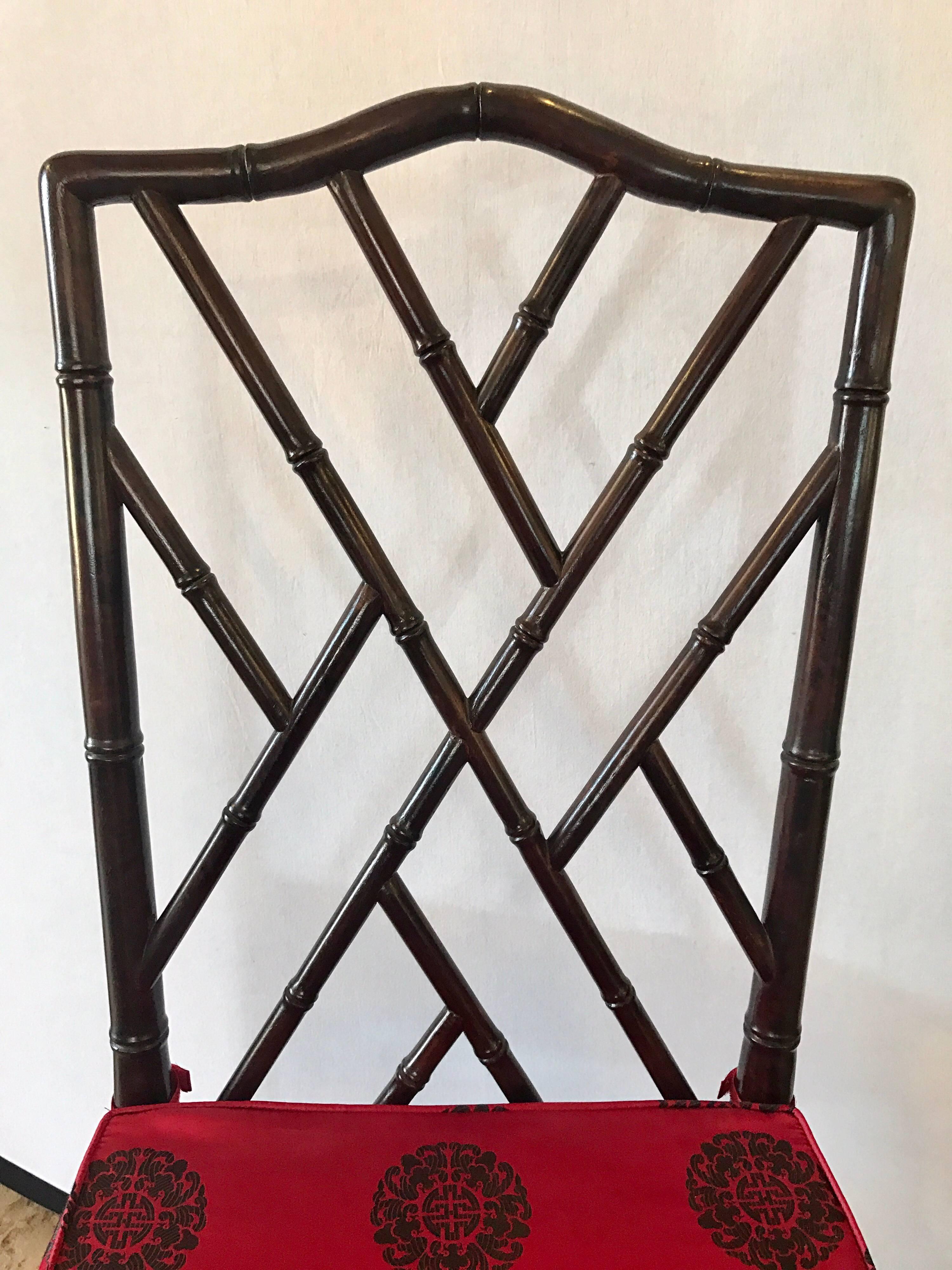 Midcentury all rosewood, faux bamboo Chinese Chippendale chairs. Your search is over. Measures: Seat height is eighteen inches.