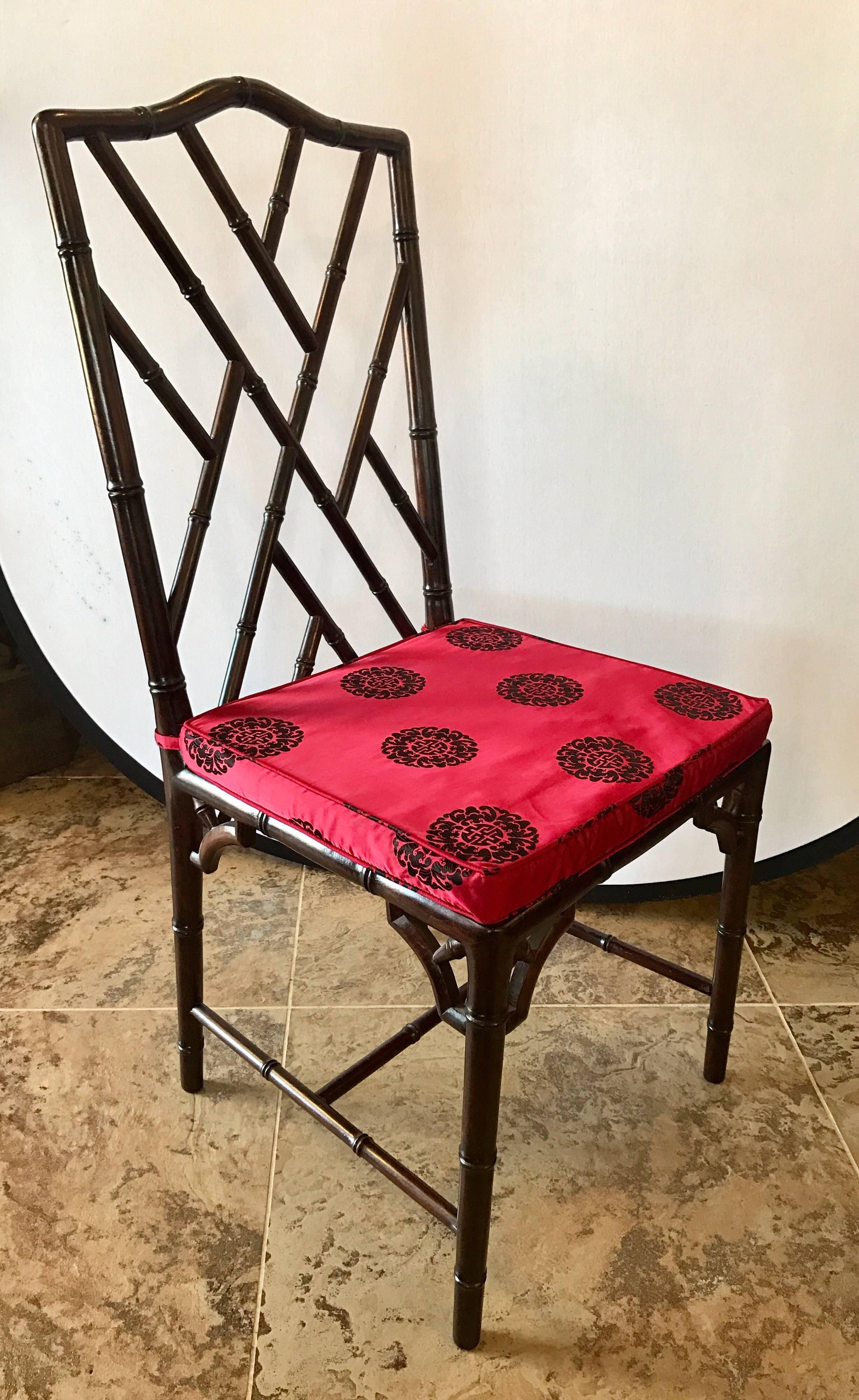 Set of Four Chinese Chippendale Rosewood Faux Bamboo Dining Chairs In Excellent Condition In West Hartford, CT