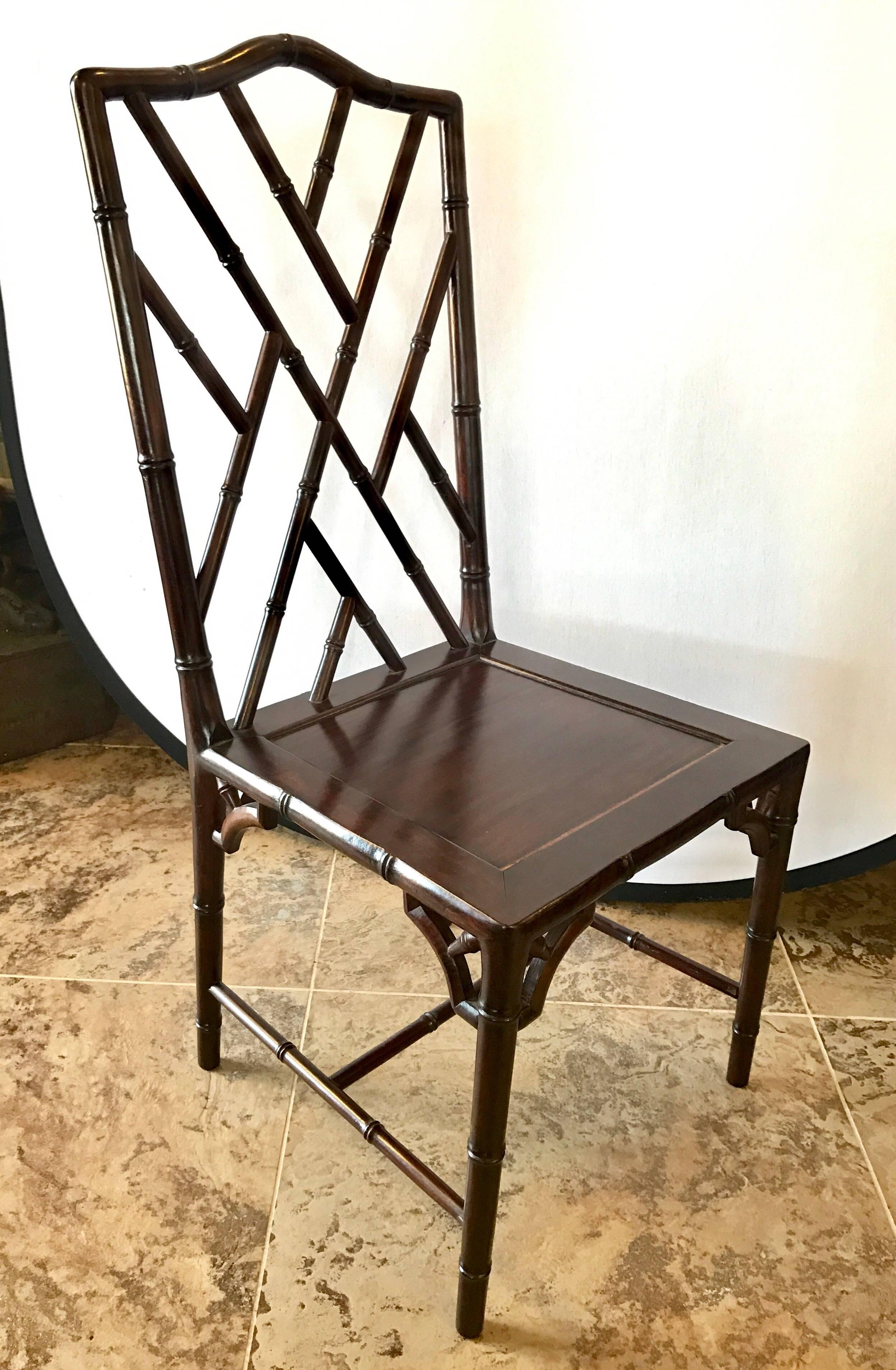 Late 20th Century Set of Four Chinese Chippendale Rosewood Faux Bamboo Dining Chairs
