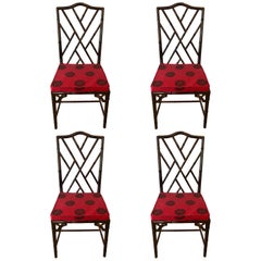 Set of Four Chinese Chippendale Rosewood Faux Bamboo Dining Chairs