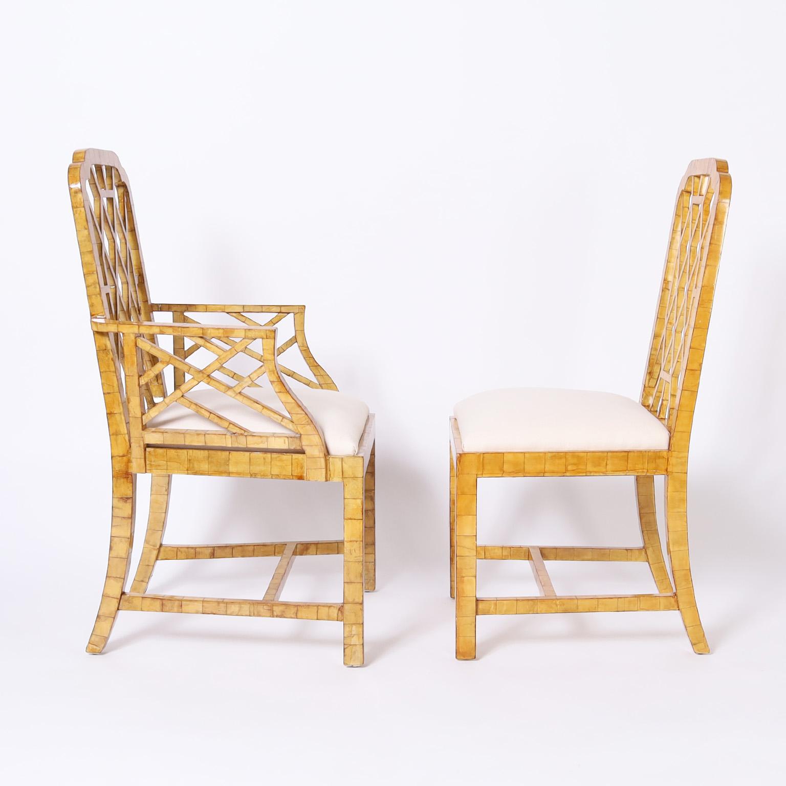 Veneer Set of Four Chinese Chippendale Style Dining Chairs For Sale