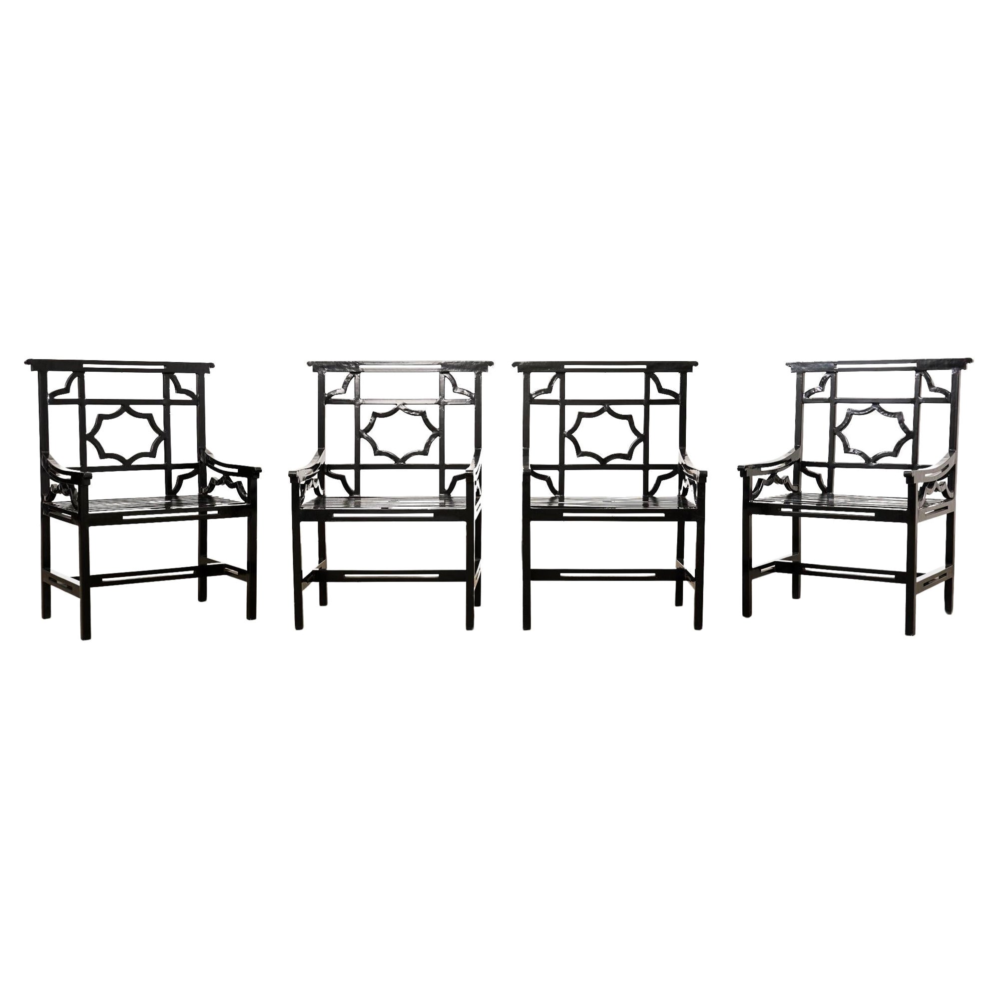 Set of Four Chinese Chippendale Style English Iron Garden Chairs