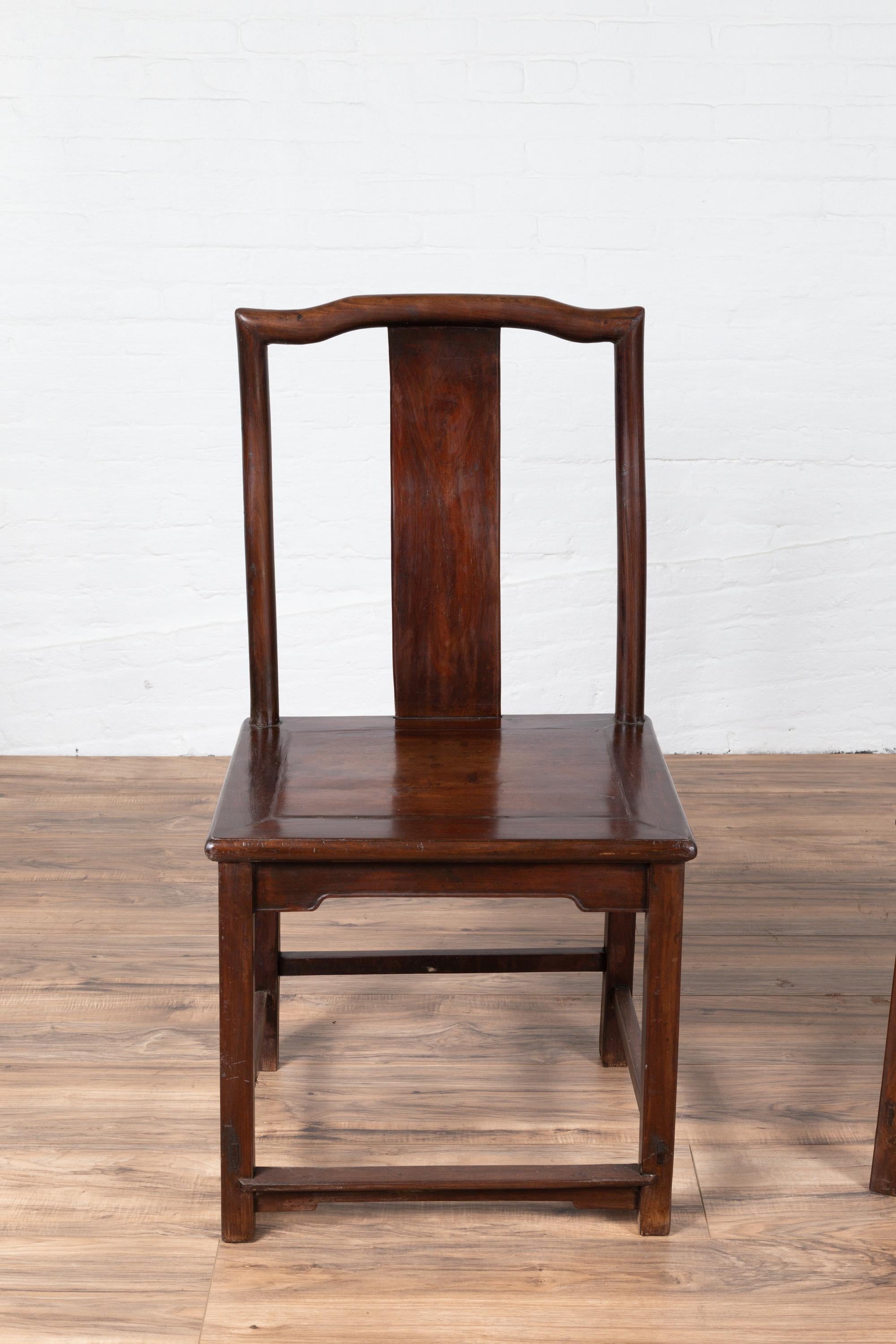 Set of Four Chinese Elmwood Dark Patina Scholar's Ceremonial Side Chairs For Sale 2