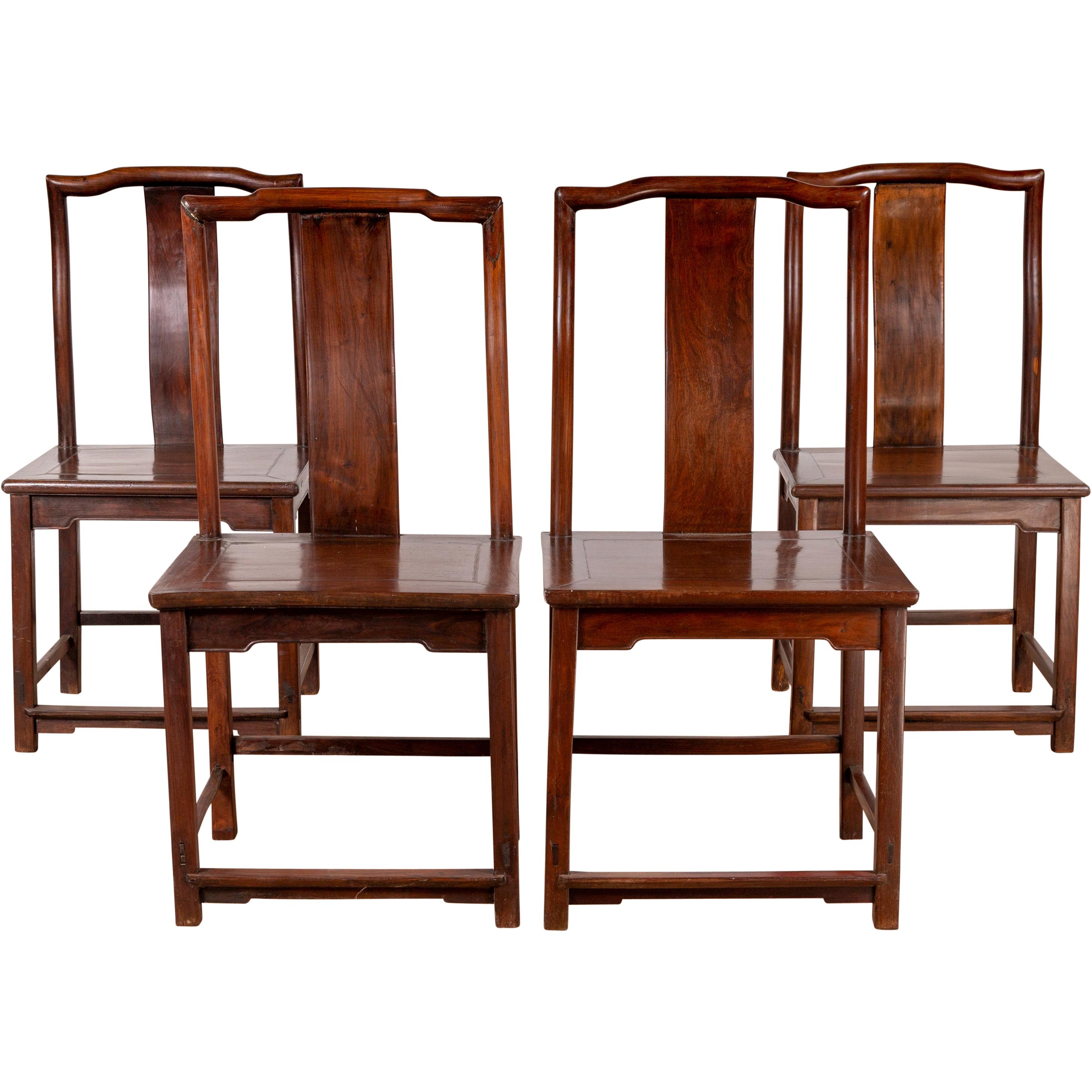 Set of Four Chinese Elmwood Dark Patina Scholar's Ceremonial Side Chairs For Sale