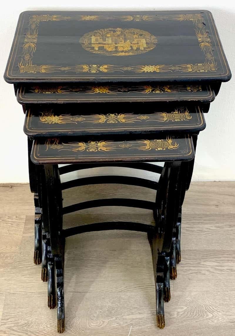 Chinoiserie Set of Four Chinese Export Lacquer Nesting Tables 