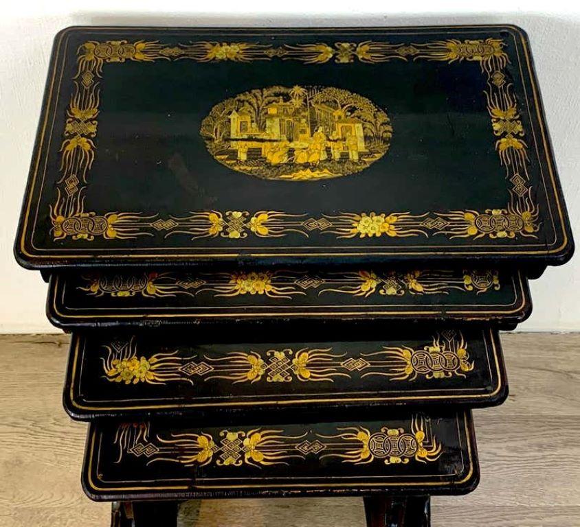 Gilt Set of Four Chinese Export Lacquer Nesting Tables 