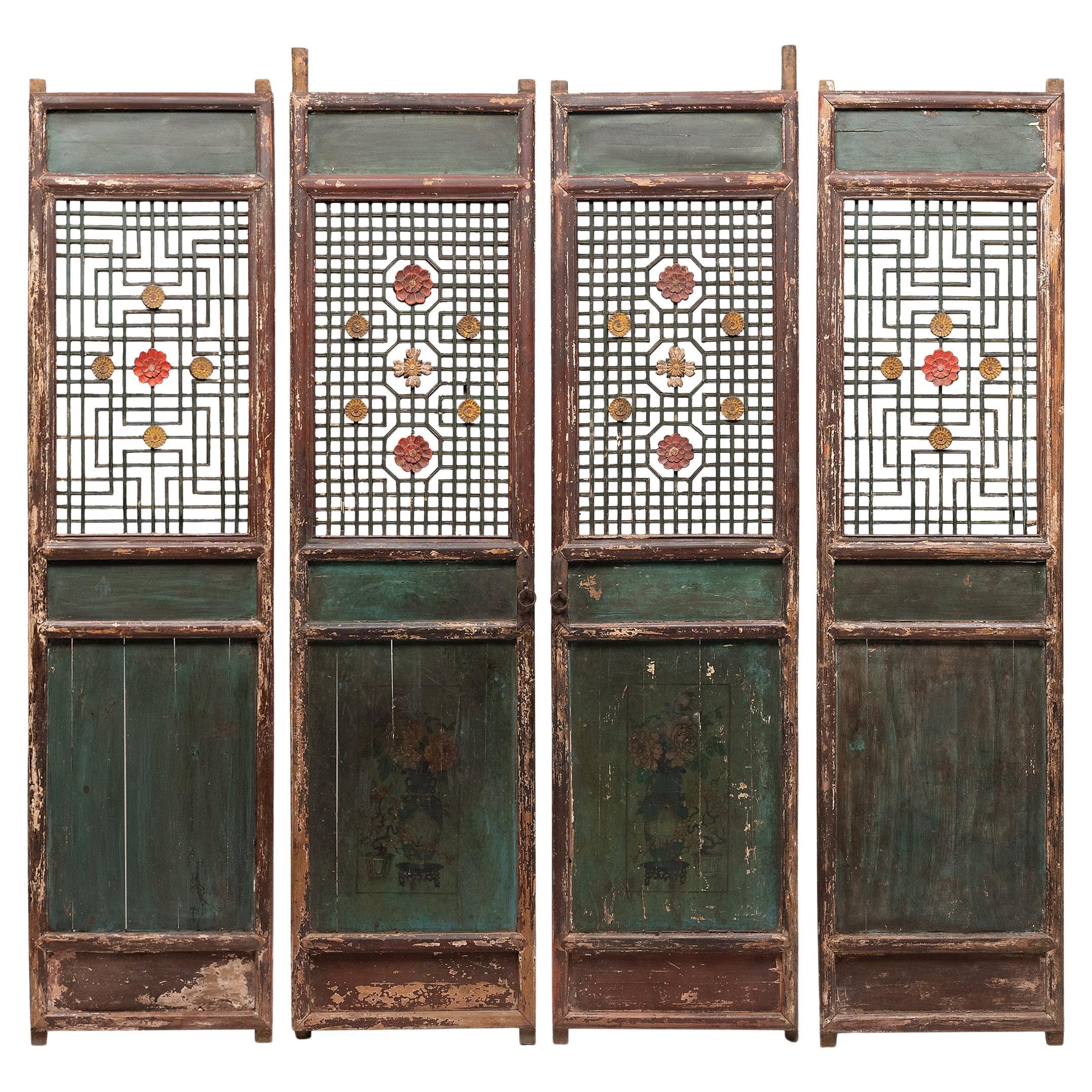 Conjunto de cuatro paneles de celosía floral china, S. XIX en venta