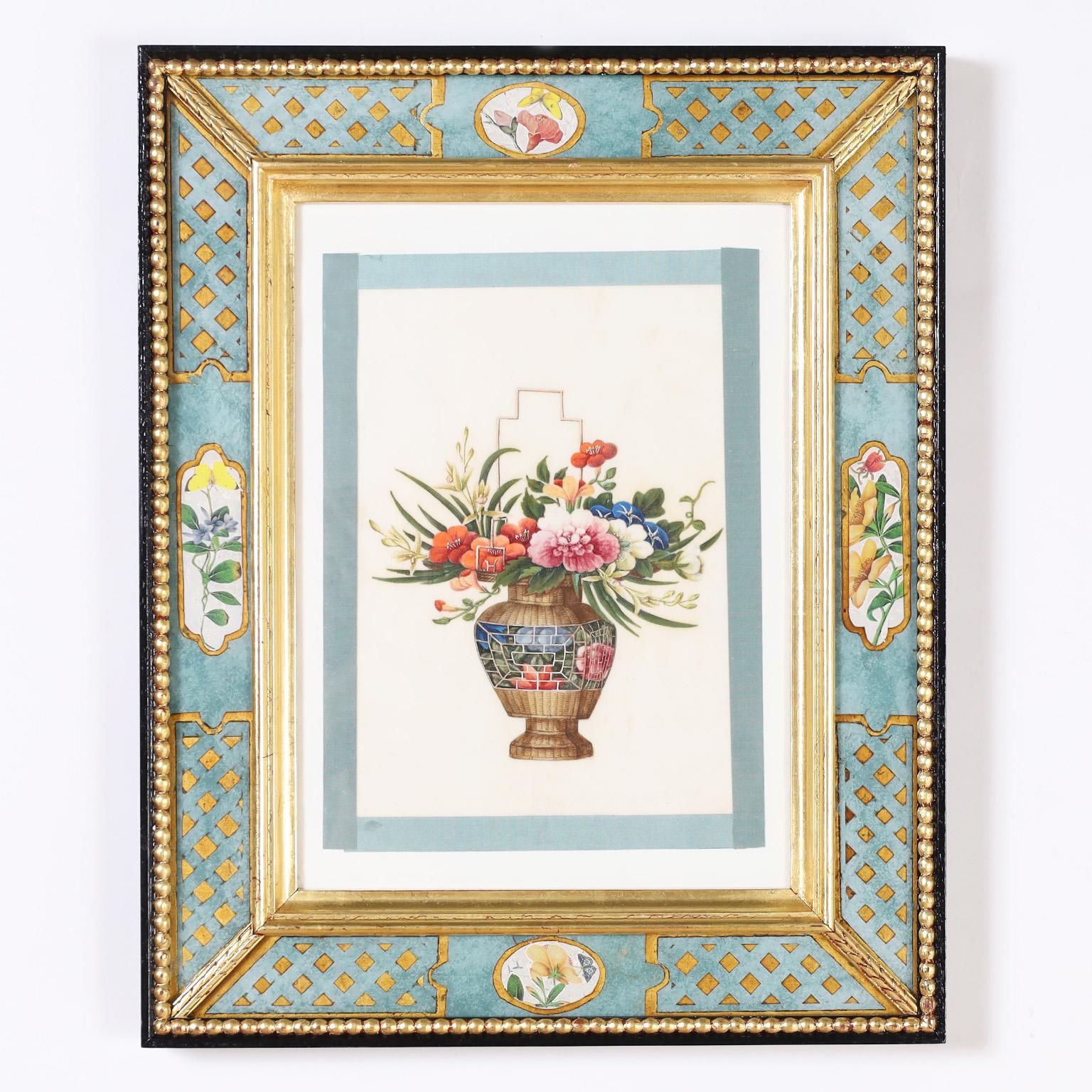 A rare and remarkable set of four 19th century Chinese pith paintings executed in gouache in a traditional delicate style depicting floral arrangements. Presented in later wood frames with reverse decorated glass and gilt beading.