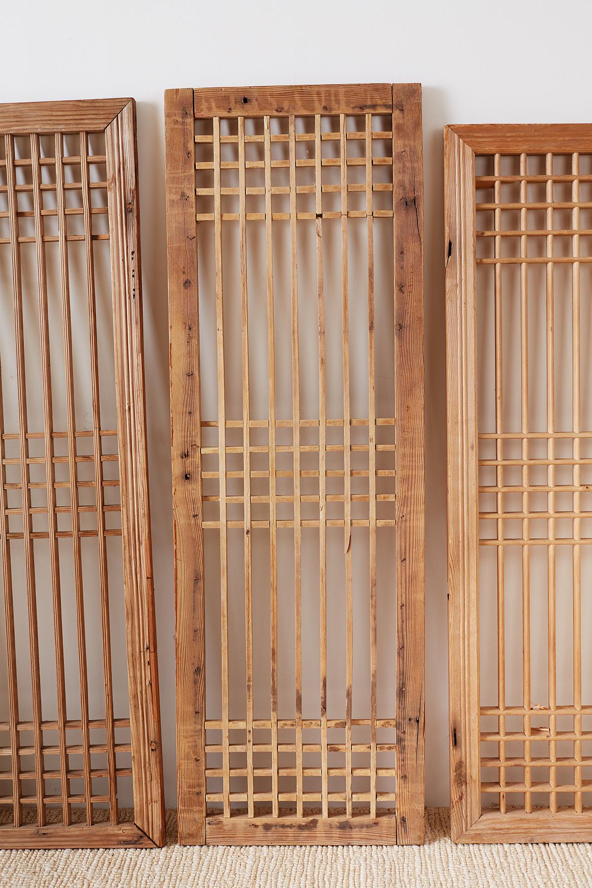 20th Century Set of Four Chinese Geometric Lattice Window Panels