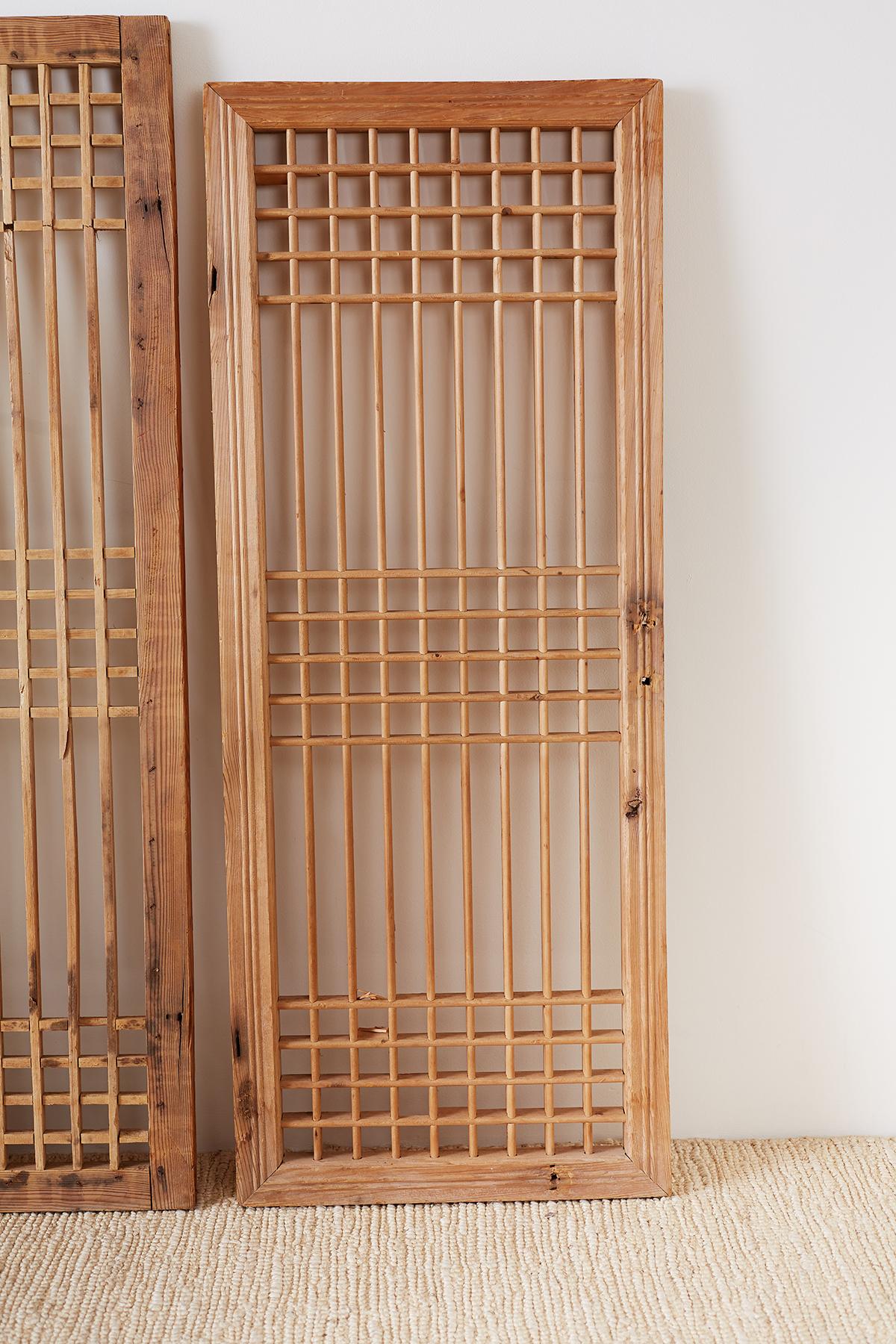 Wood Set of Four Chinese Geometric Lattice Window Panels