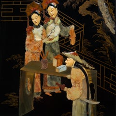 Set of Four Chinese Lacquered Panels with Palace Pavilion Inlay