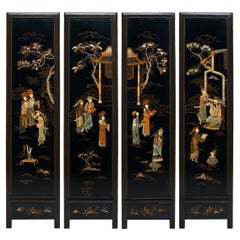Antique Set of Four Chinese Lacquered Panels with Palace Pavilion Inlay