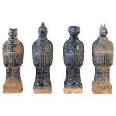 Set di quattro divinità mitologiche cinesi in terracotta smaltata blu