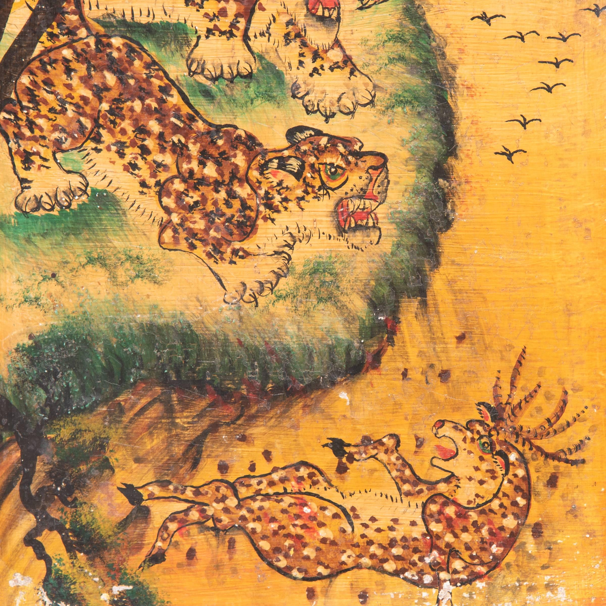 20th Century Set of Four Chinese Mythological Painted Panels