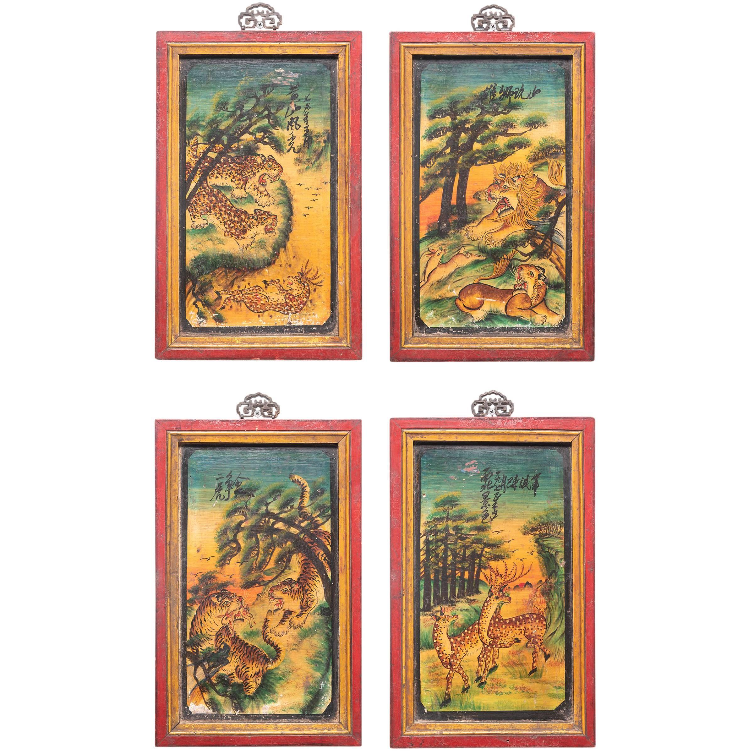 Set of Four Chinese Mythological Painted Panels