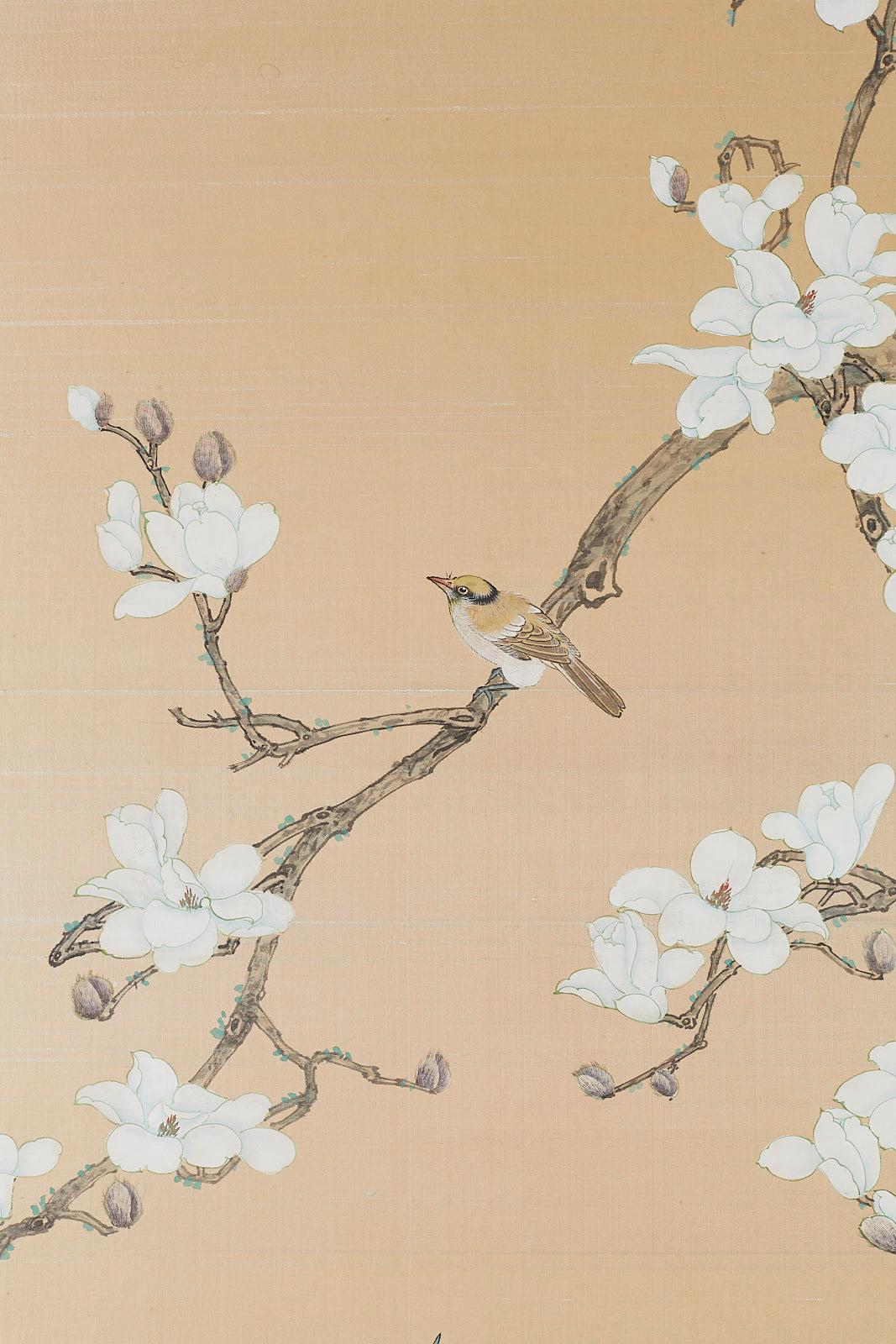 Set of Four Chinese Painted Silk Bird and Flower Panels 4