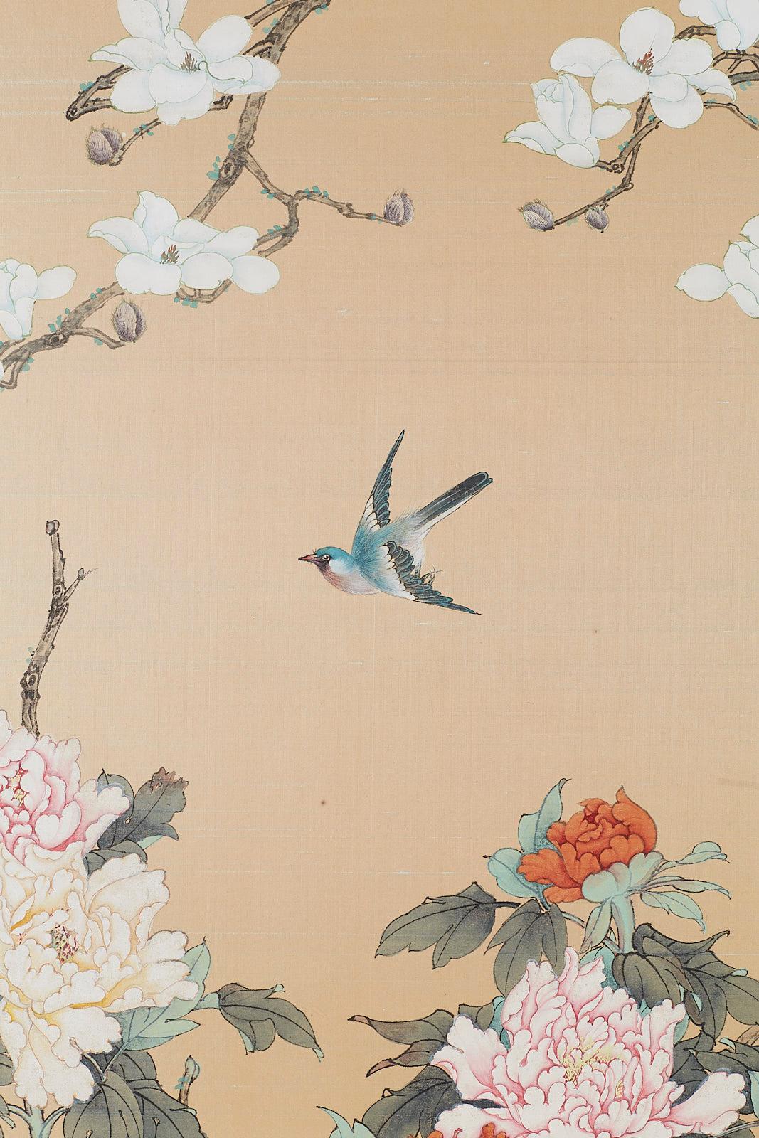 Set of Four Chinese Painted Silk Bird and Flower Panels 5