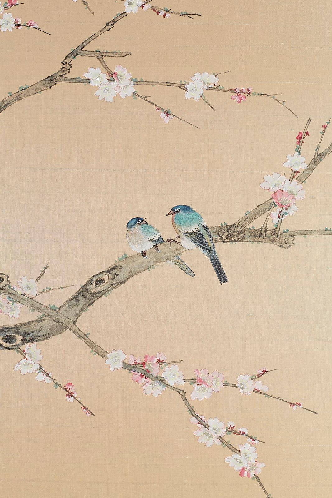Set of Four Chinese Painted Silk Bird and Flower Panels 10
