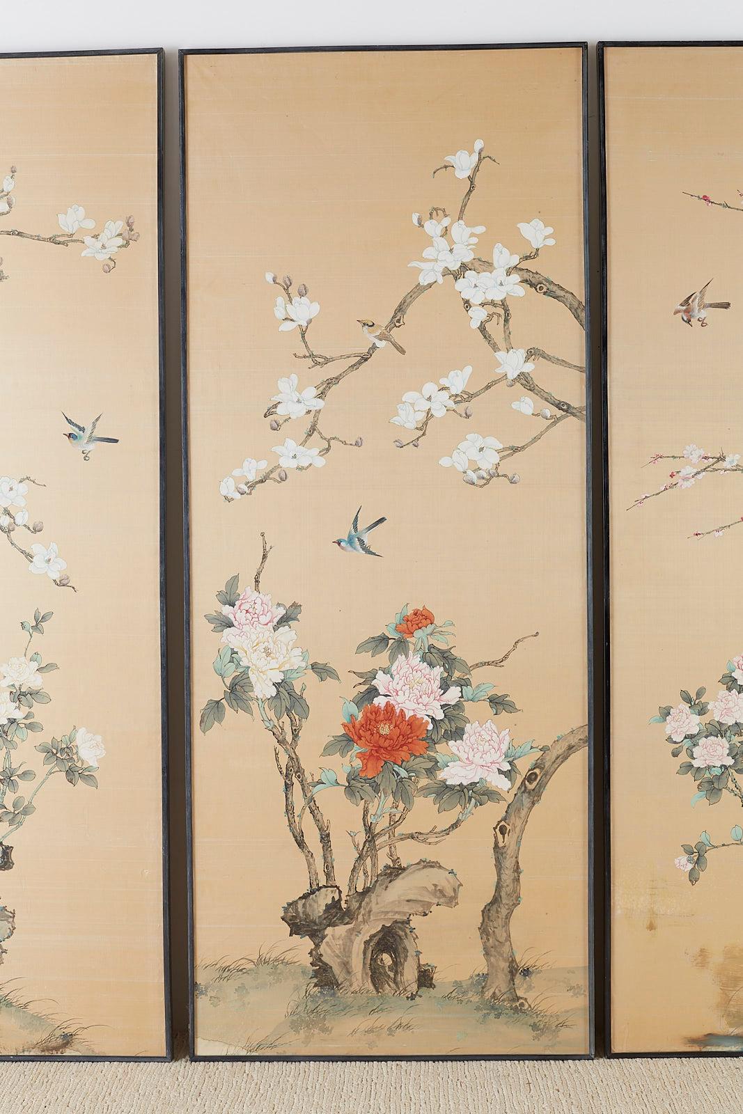 Chinese Export Set of Four Chinese Painted Silk Bird and Flower Panels