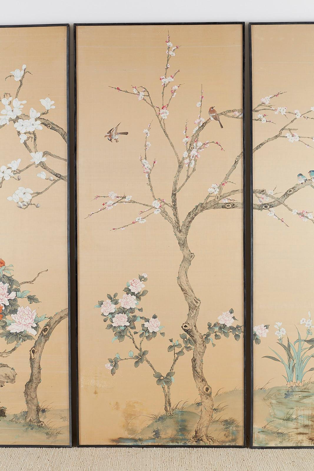 Hand-Painted Set of Four Chinese Painted Silk Bird and Flower Panels