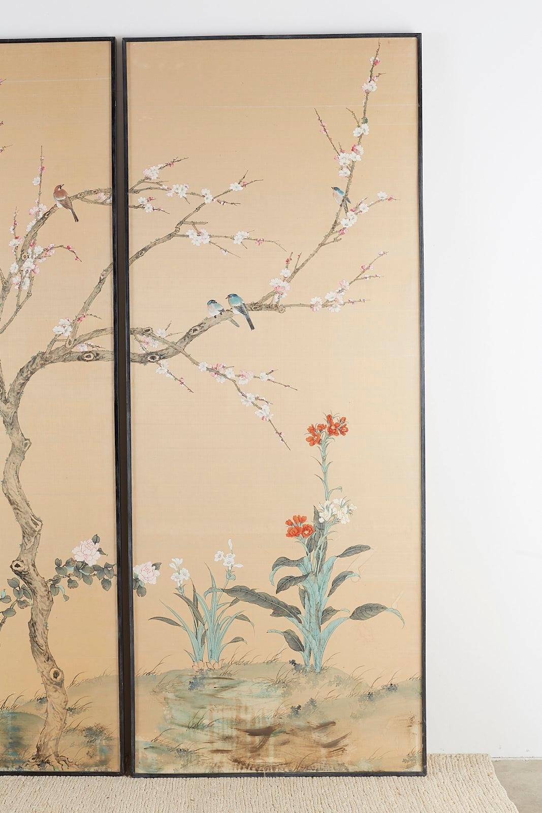 Set of Four Chinese Painted Silk Bird and Flower Panels In Good Condition In Rio Vista, CA
