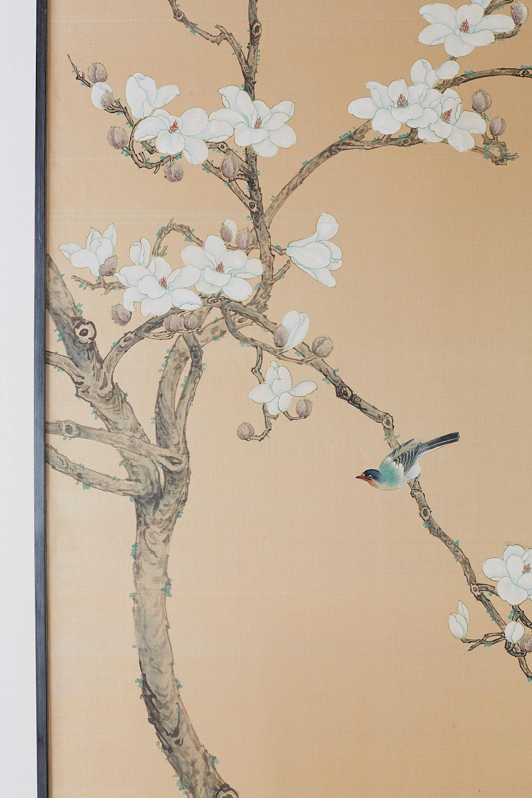 20th Century Set of Four Chinese Painted Silk Bird and Flower Panels